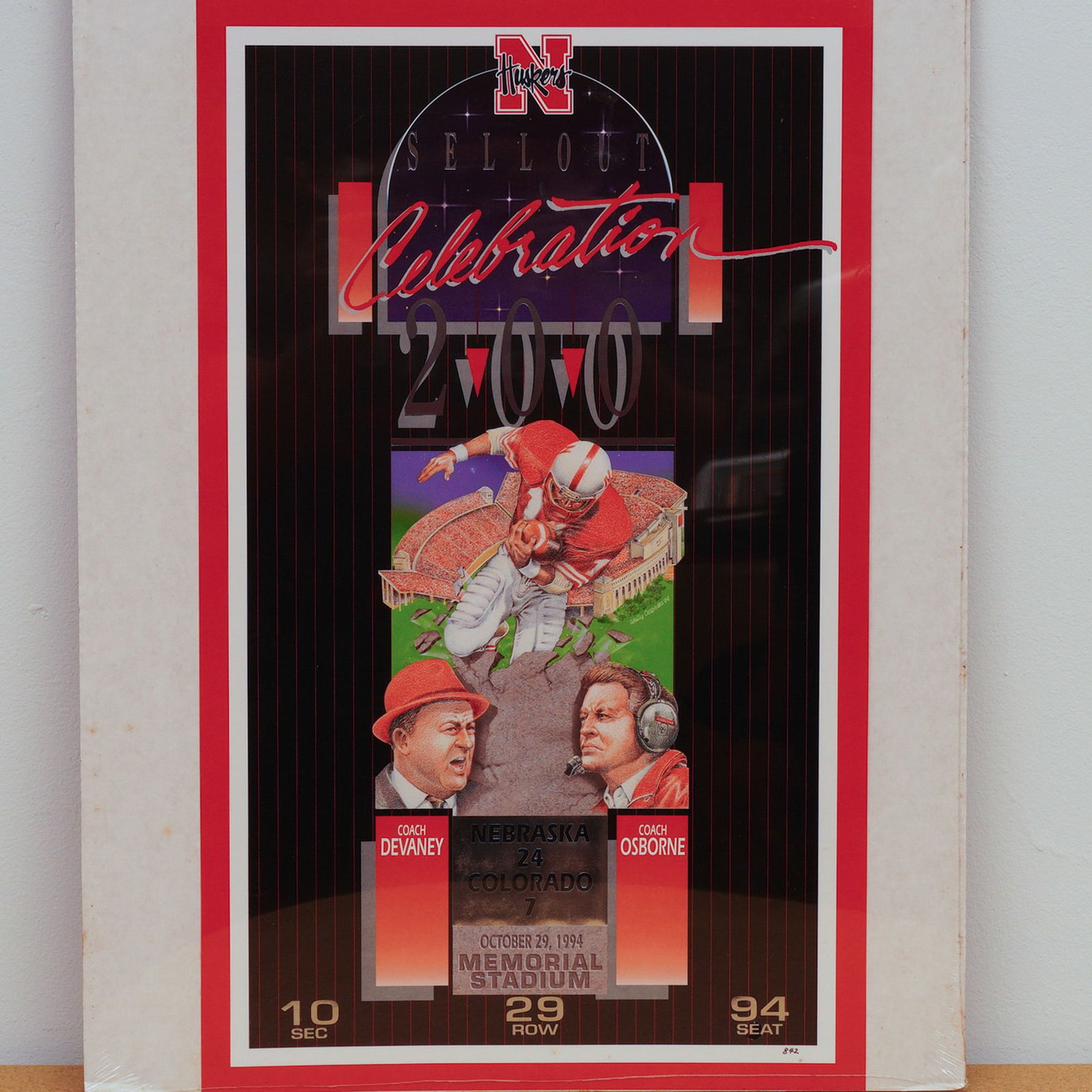 1994 University of Nebraska 200th Sellout Celebration Commemorative Poster: Bold limited edition poster celebrating the University of Nebraska's 200th consecutive football sellout, held on October 29, 1994, at Memorial Stadium against Colorado. The artwork by Wally Cespedes f