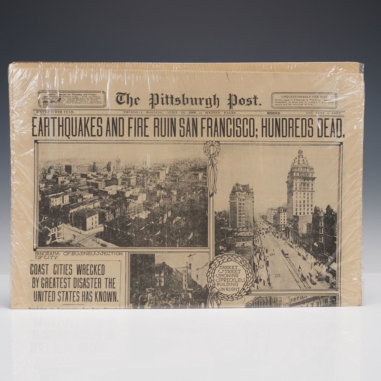 Reprint of 1906 Pittsburgh Post - San Francisco Earthquake Headline: A modern reprint of The Pittsburgh Post front page dated Thursday, April 19, 1906, capturing the historic headline: "Earthquakes and Fire Ruin San Francisco; Hundreds Dead." Originally published in th