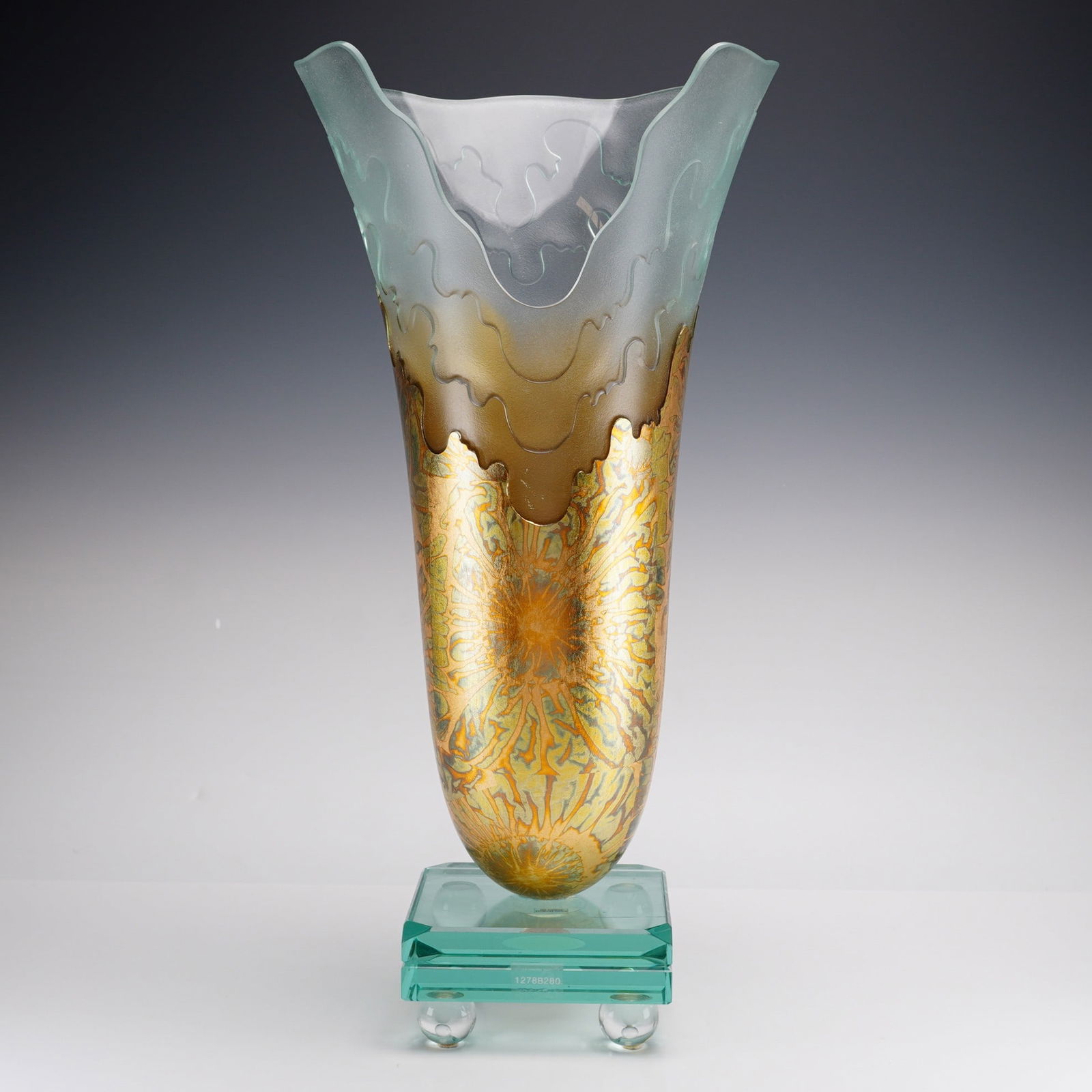 Salvatore Polizzi Etched Glass with Gold Wave Vase on Crystal Pedestal Base (1 of 3)
