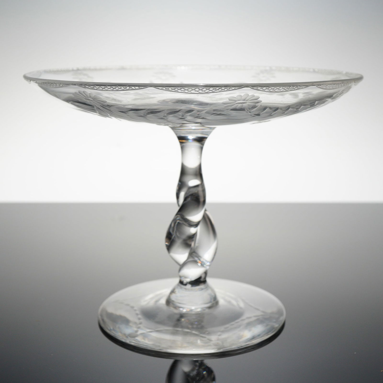 Libbey Etched Glass Pedestal Compote: A Libbey American Brilliant Period etched glass pedestal compote. This clear glass vessel features a shallow, wide bowl decorated with wheel-engraved floral motifs, including daisies and leafy sprigs.