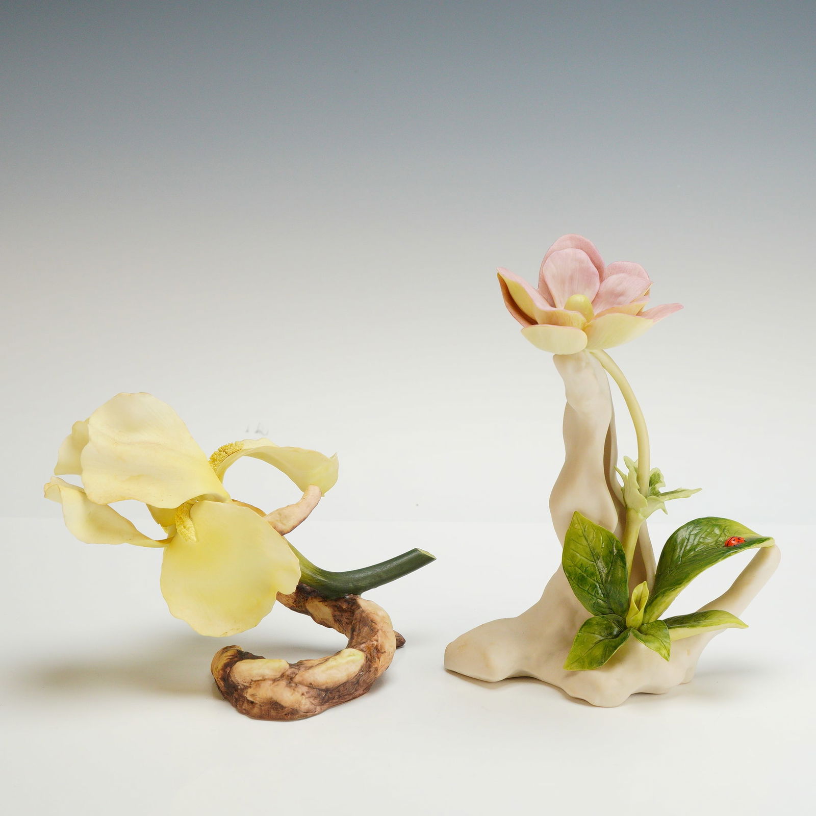 2pc Cybis and Boehm Porcelain Floral Figurines: This 2pc collection of vintage porcelain floral figurines features works by makers Boehm and Cybis. The Boehm figurine depicts a Desert Song Iris 250-62, constructed of bone porcelain with pale yellow