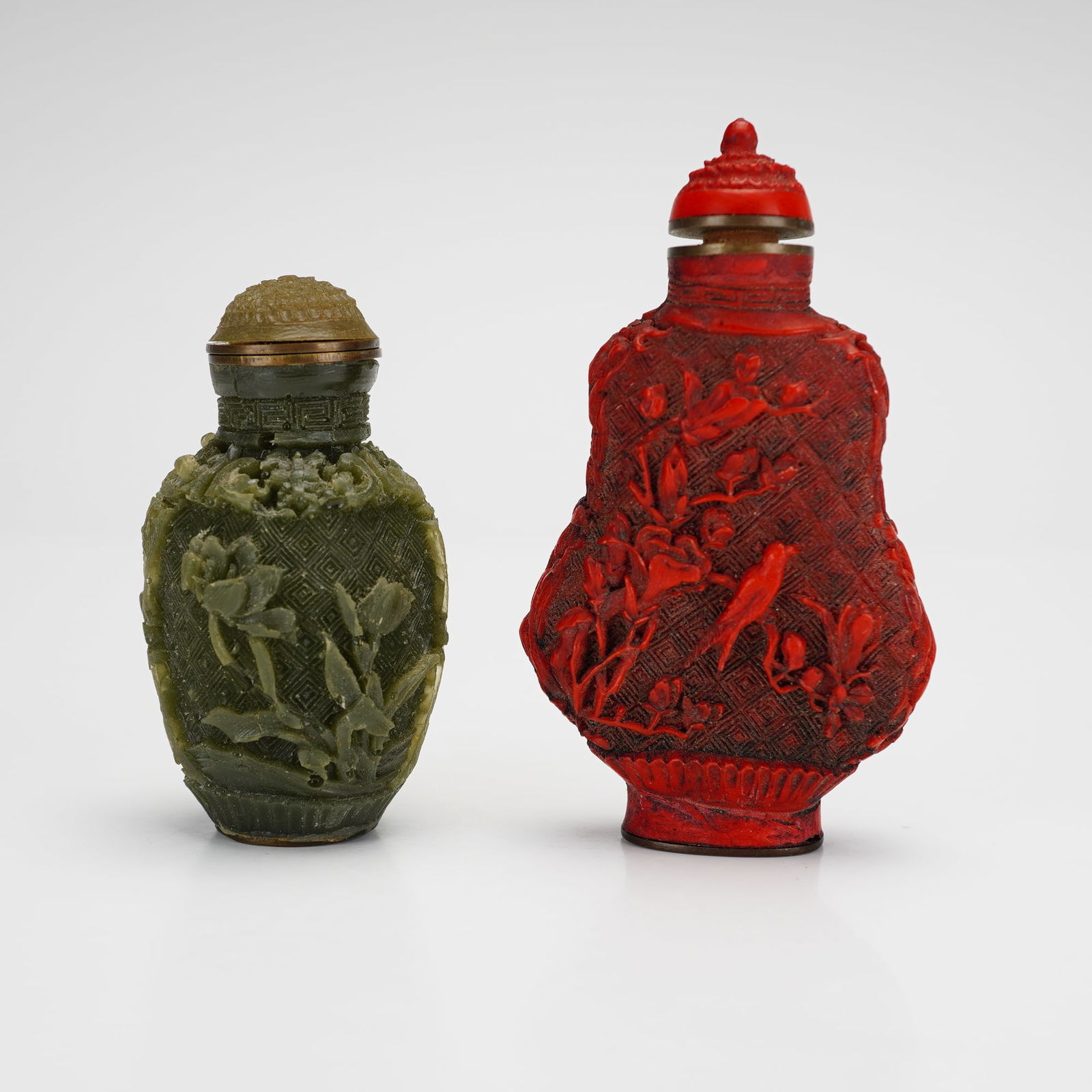 2pc Chinese Carved Green Jade and Cinnabar Snuff Bottles (1 of 4)