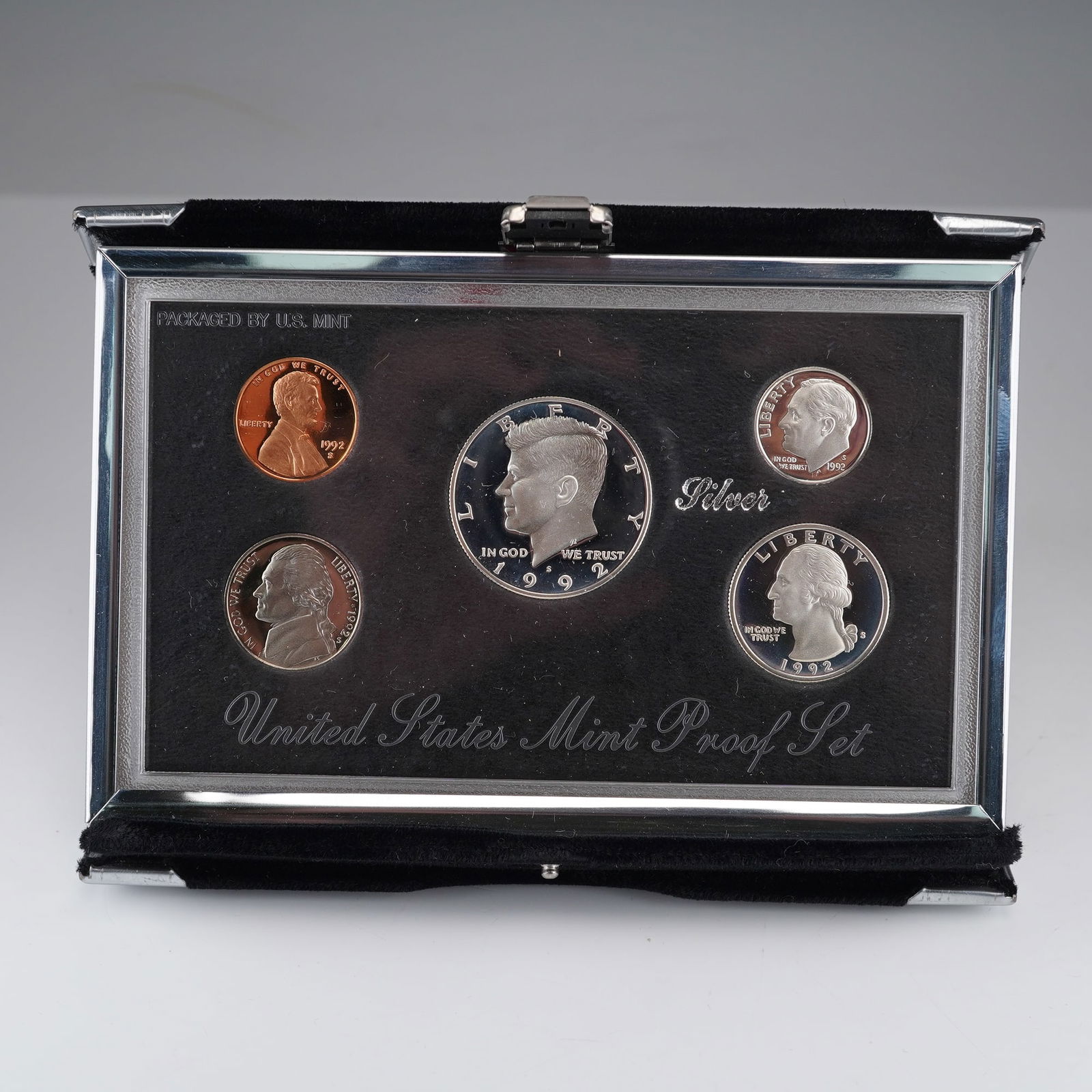 1992-S U.S. Mint Premier Silver Proof Coin Set: This 5 piece 1992 Premier Silver Proof Set was struck by the United States Mint at San Francisco and contains the Lincoln Cent, Jefferson Nickel, Roosevelt Dime, Washington Quarter, and Kennedy Half