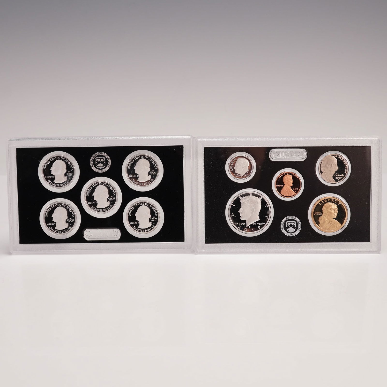 2pc 2019 United States Mint Silver Proof Set: An official 2019 United States Mint Silver Proof Set, comprising ten proof strikes including the Lincoln cent, Jefferson nickel, Roosevelt dime, Kennedy half dollar, Native American dollar, and five