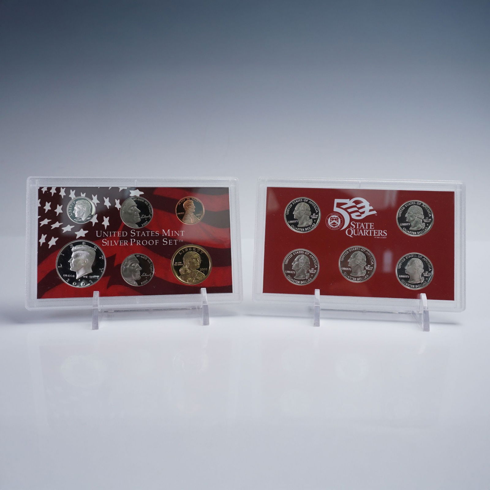 2005-S United States Mint 50 State Quarters Silver Proof Set: This official U.S. Mint set includes five silver proof quarters honoring California, Minnesota, Oregon, Kansas, and West Virginia. Each quarter features the traditional obverse portrait of George