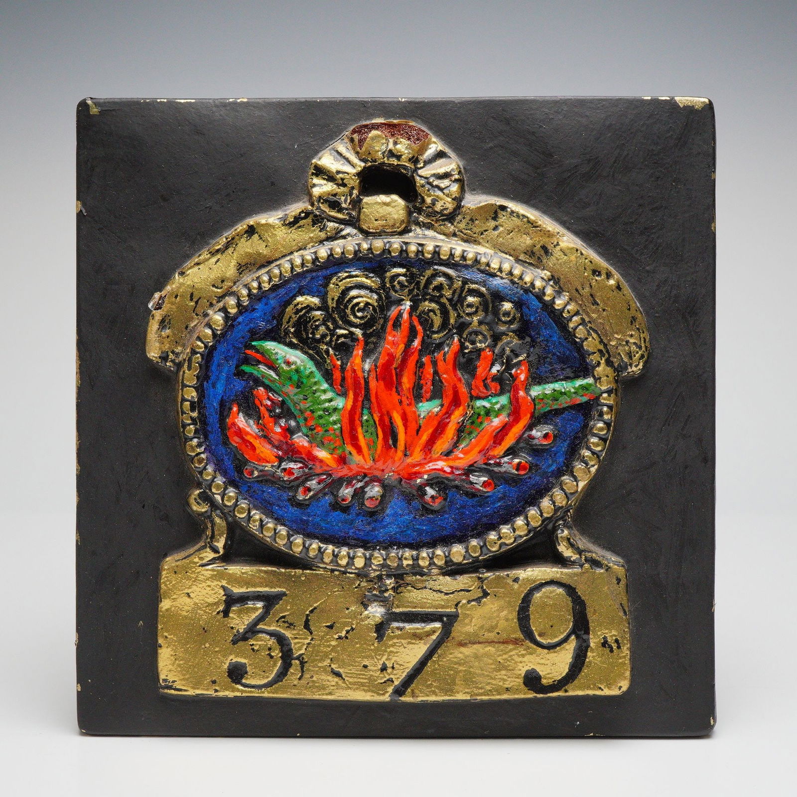 Salamander & Western Fire Assurance Society Reproduction Fire Mark Plaque: Cast example of the Salamander and Western Fire Assurance Society fire mark, showing the salamander-in-flames device within a beaded oval border above the applied number 379. The reverse carries a typ