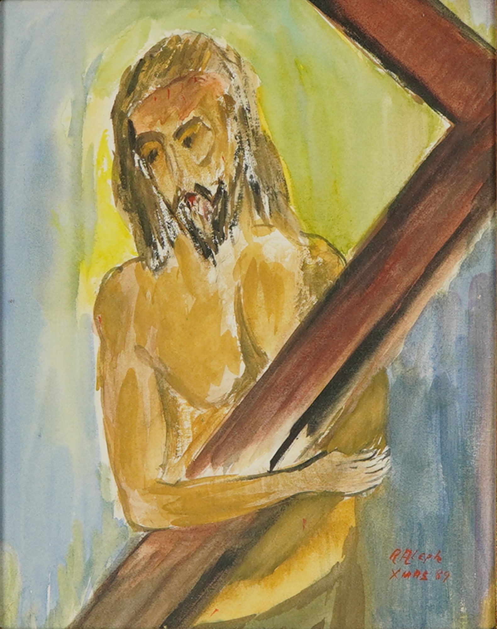 Rafael Aleph Gouache on Paper Depicting Christ Carrying the Cross: This original painting, executed in gouache on paper, depicts the religious scene of Christ carrying the cross. The work is rendered in a loose, expressive modernist style and is signed R Aleph Xmas