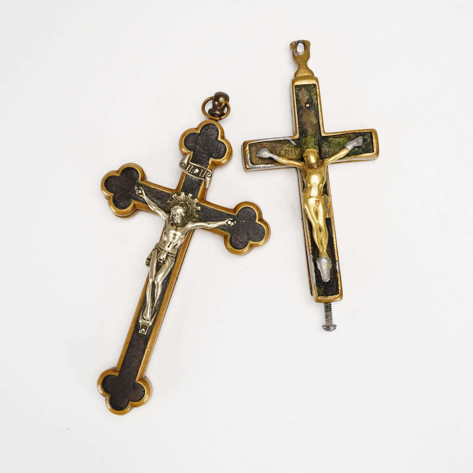 2pc Brass and Wood Reliquary Crucifix Pendants (1 of 6)