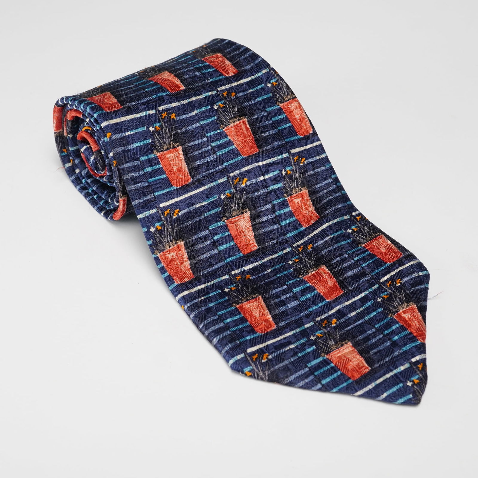 Ermenegildo Zegna Red Flower Pot Navy Blue Silk Necktie (1 of 4)