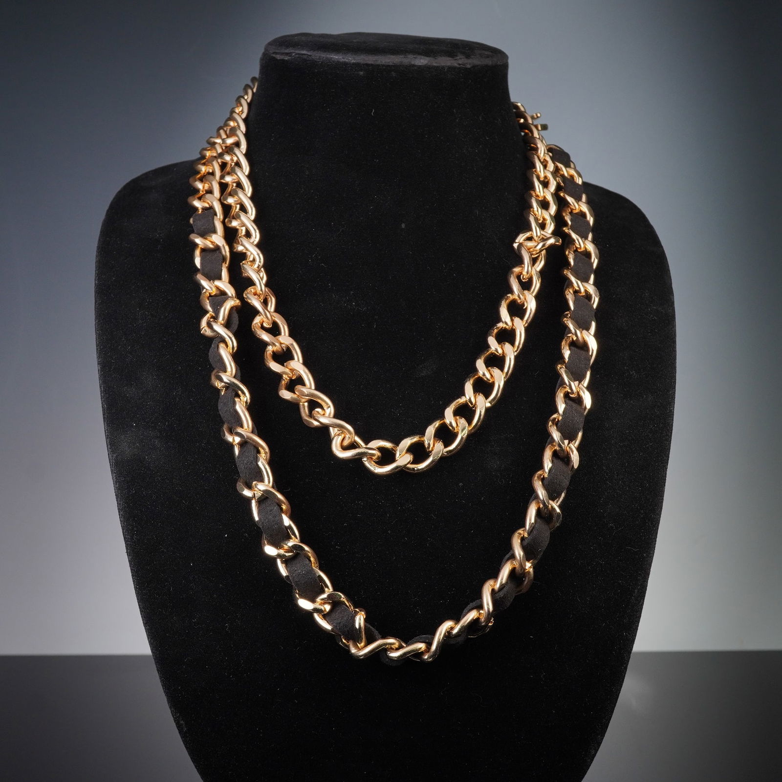 An ESCADA Gold-Tone and Black Fabric Double-Wrap Chain Necklace (1 of 4)