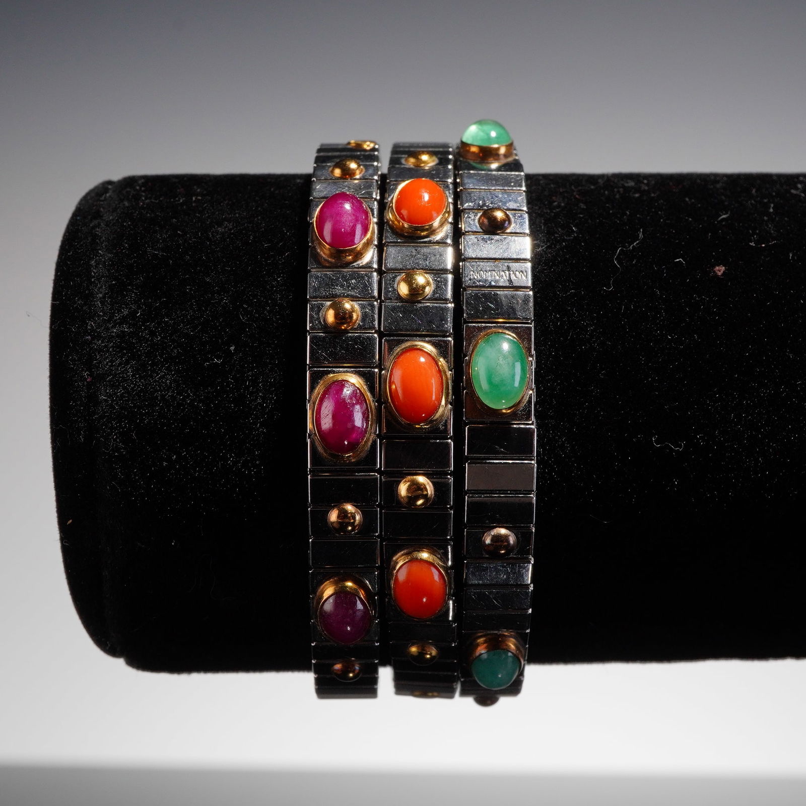 3pc Nomination Stainless Steel and 18K Gold Stone-Set Stretch Bracelets: A trio of contemporary modular stretch bracelets by Nomination. Each bracelet is constructed of highly polished, rectangular stainless steel links, forming a flexible stretch bracelet design. Each bra