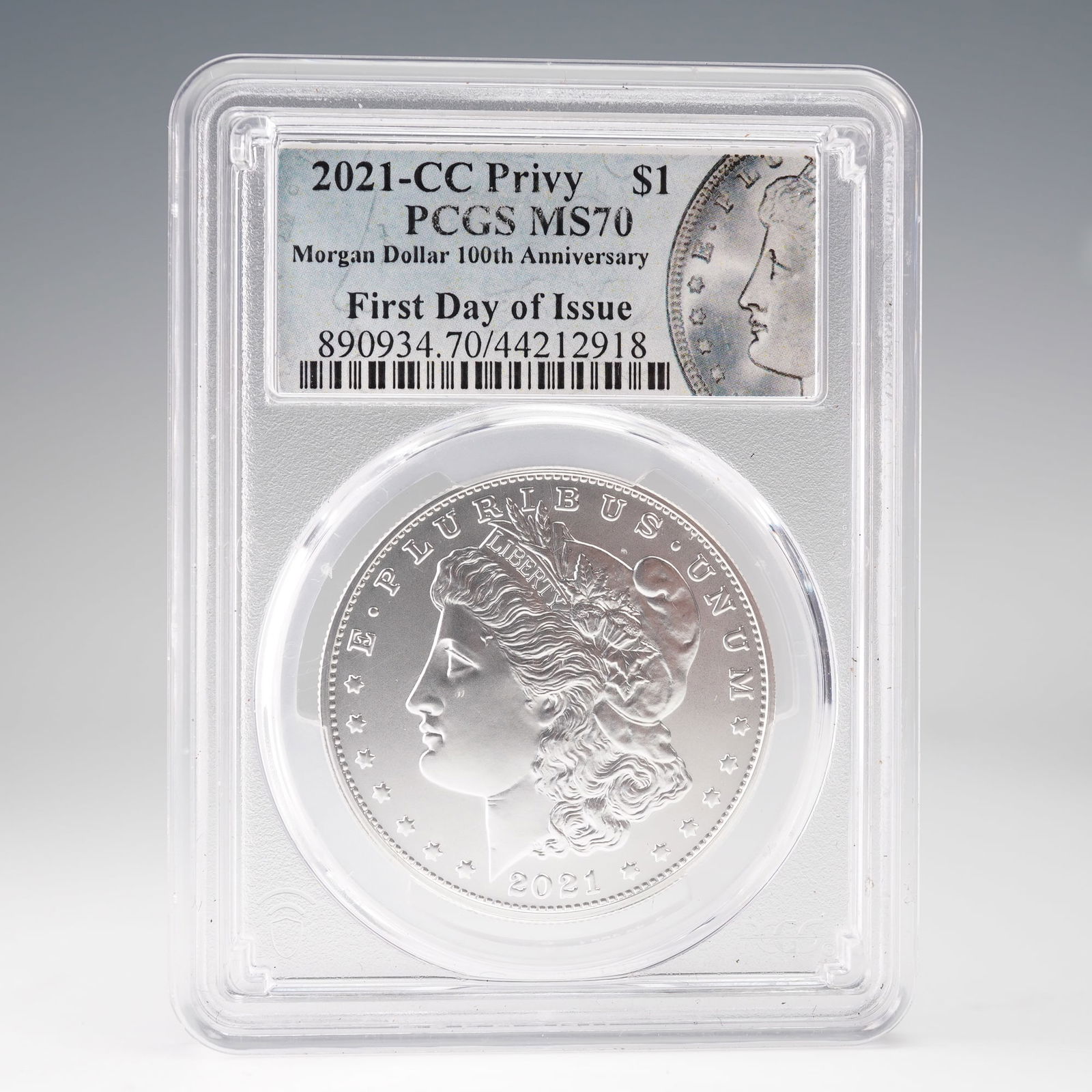 2021-CC Morgan Silver Dollar 100th Anniversary PCGS MS70 FDOI: Brilliant 2021-CC Morgan Silver Dollar issued by the U.S. Mint in celebration of the 100th anniversary of the final Morgan Dollar release. This modern commemorative features a special "CC" privy mark