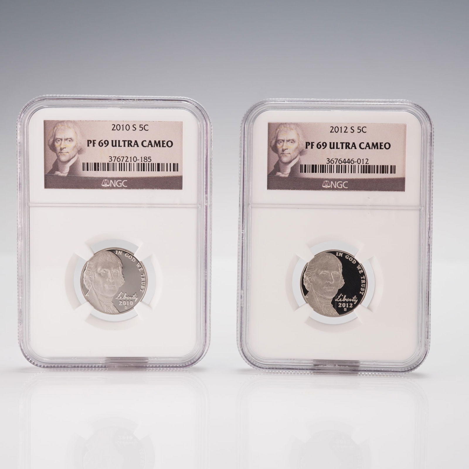 A Pair of Modern US Proof Five Cents, 2010-S and 2012-S, NGC Graded PF 69: This lot comprises two modern US proof coins. The first is a 2010-S Five Cents, and the second is a 2012-S Five Cents. Both coins are professionally encapsulated by NGC (Numismatic Guaranty Corporatio