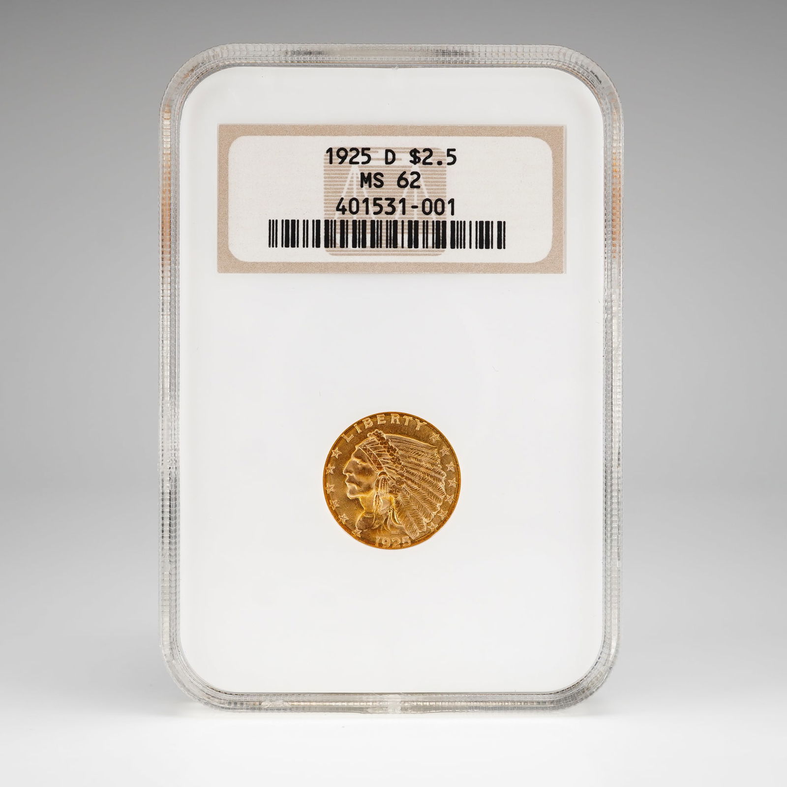 1925 $2.50 Indian Head Quarter Eagle Gold Coin, NGC MS62: This coin features an obverse design by Bela Lyon Pratt depicting an Indian head wearing a war bonnet facing left, surrounded by stars with the date below. The reverse, also by Pratt, shows an eagle s