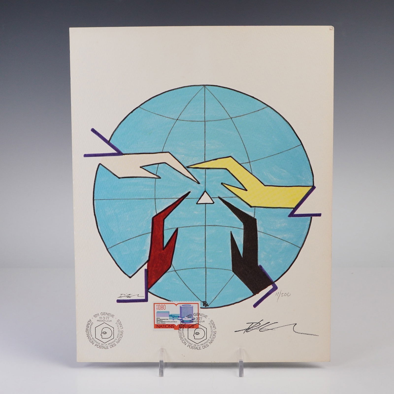 1977 United Nations Geneva First Day Cover and Limited Edition Print Signed: United Nations Geneva First Day Cover paired with a limited edition color print designed by Roger W. Christian (USA). Issued March 11, 1977, the piece commemorates the World Intellectual Property Orga