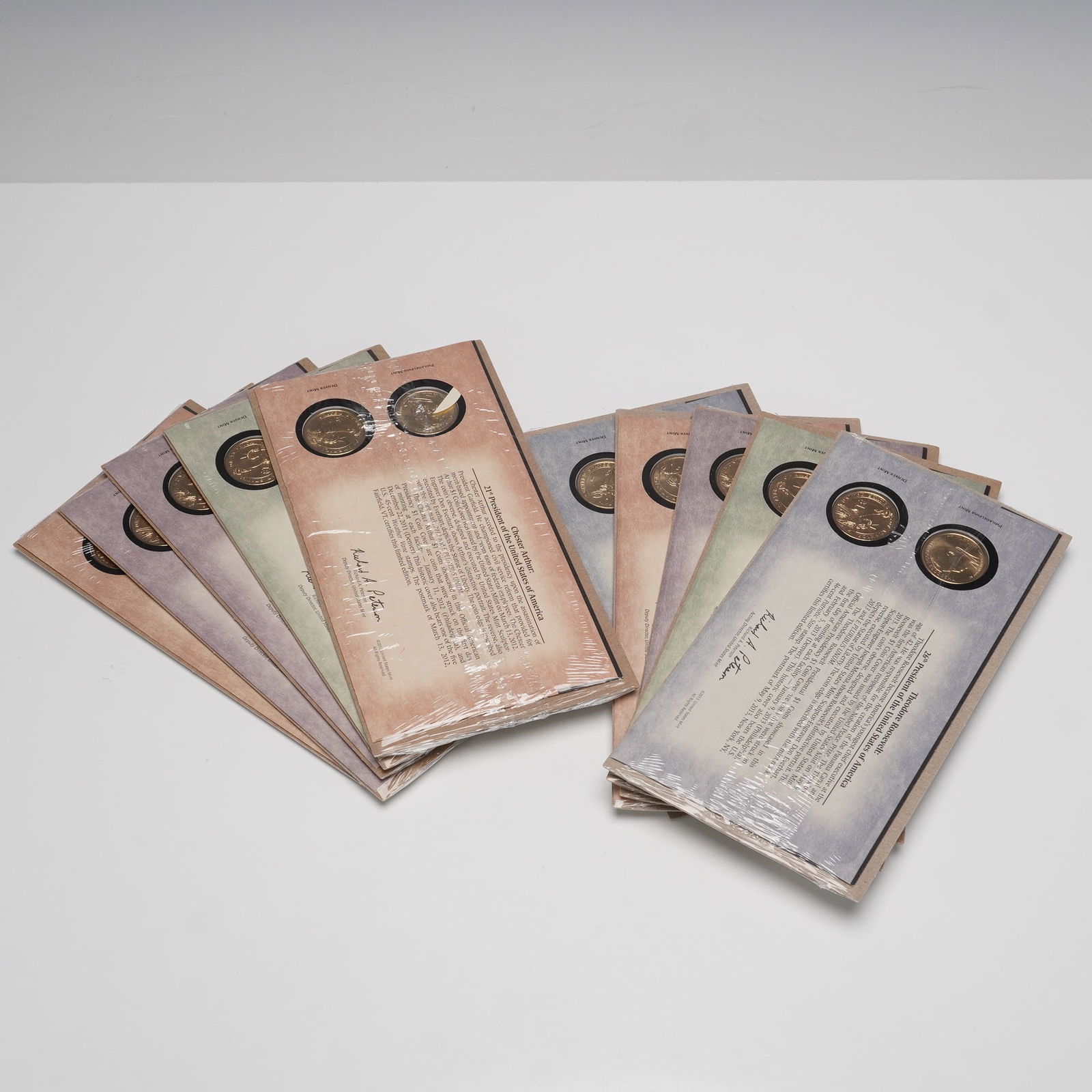 10pc U.S. Mint Presidential $1 First Day Coin Covers: A 10-piece group of official U.S. Mint American Presidency $1 Coin Covers, each honoring a different president. Included are William Howard Taft, Benjamin Harrison, Grover Cleveland, Woodrow Wilson, W