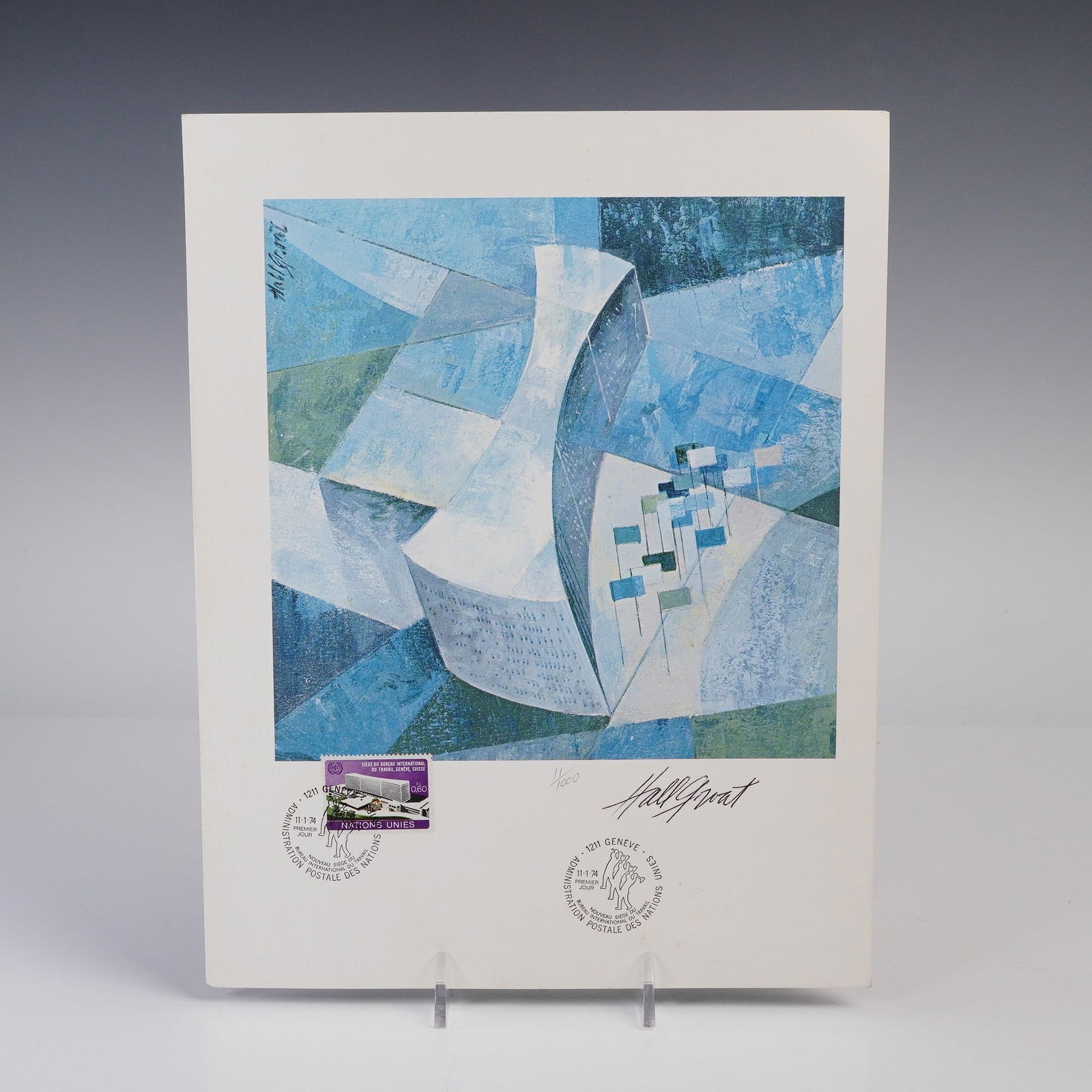 Hall Groat, Nouveau Siege du Bureau International du Travail Lithograph: Created to commemorate the opening of the new International Labour Office headquarters in Geneva in 1974, this limited edition lithograph by Hall Groat was issued under the World Federation of United