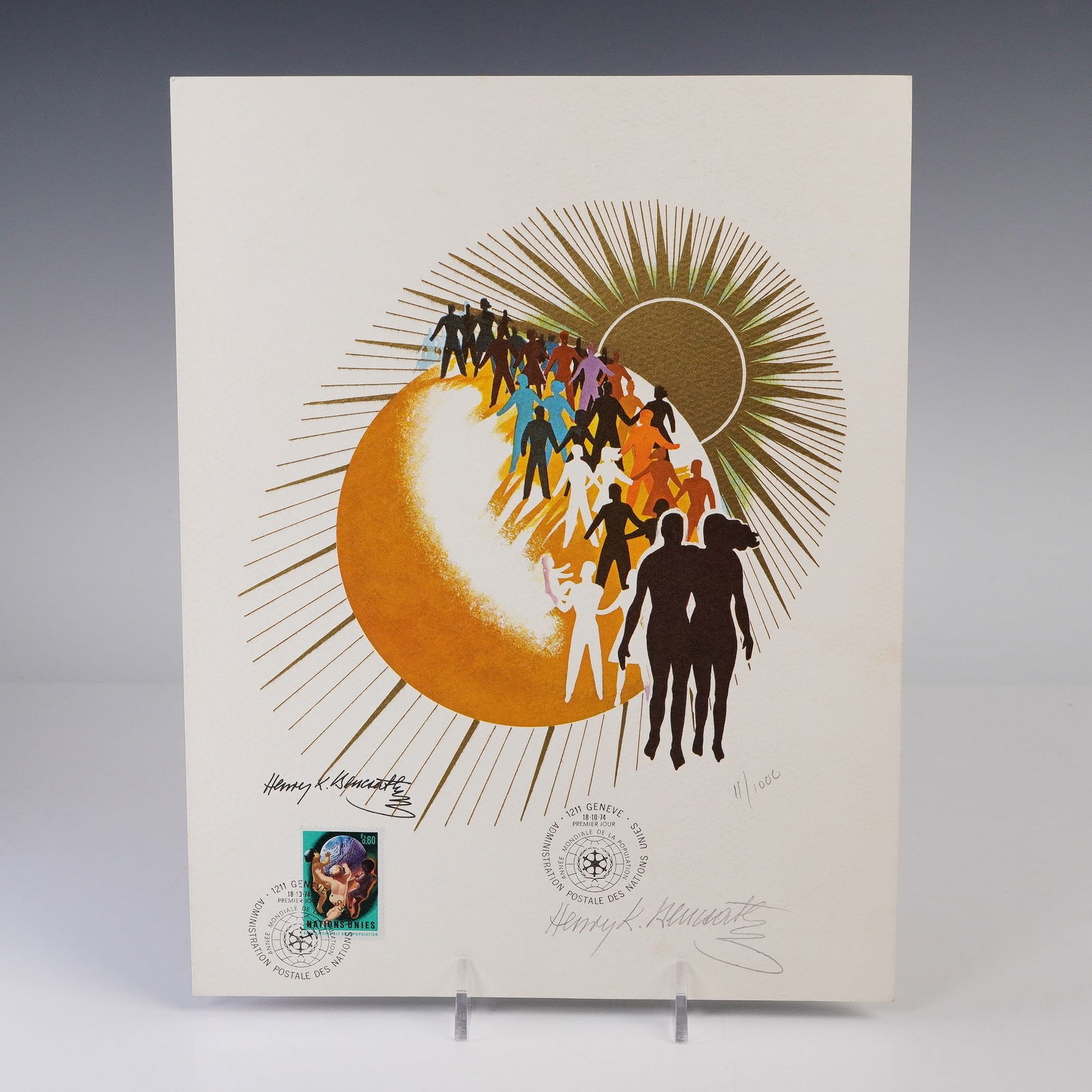 Henry Bencsath, Annee Mondiale de la Population Lithograph, Signed: Created for the United Nations World Population Year, this limited edition lithograph by Henry Bencsath was issued under the World Federation of United Nations Associations cachet program and features