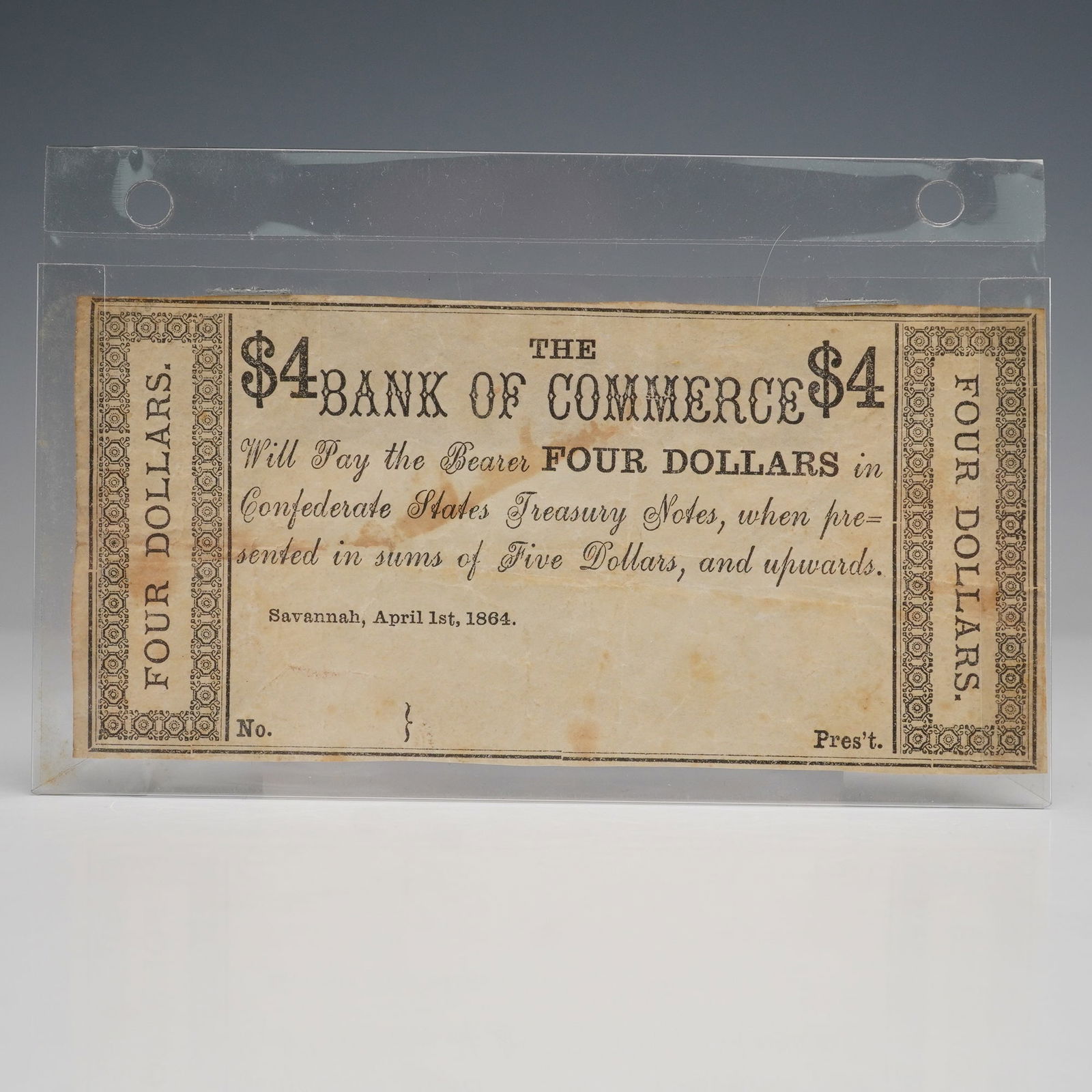 1864 Bank of Commerce Four Dollar Confederate Note: Four-dollar private issue note, printed and circulated in Savannah, Georgia during the Civil War. This scarce denomination, $4, was issued by a local Southern bank as a substitute currency during