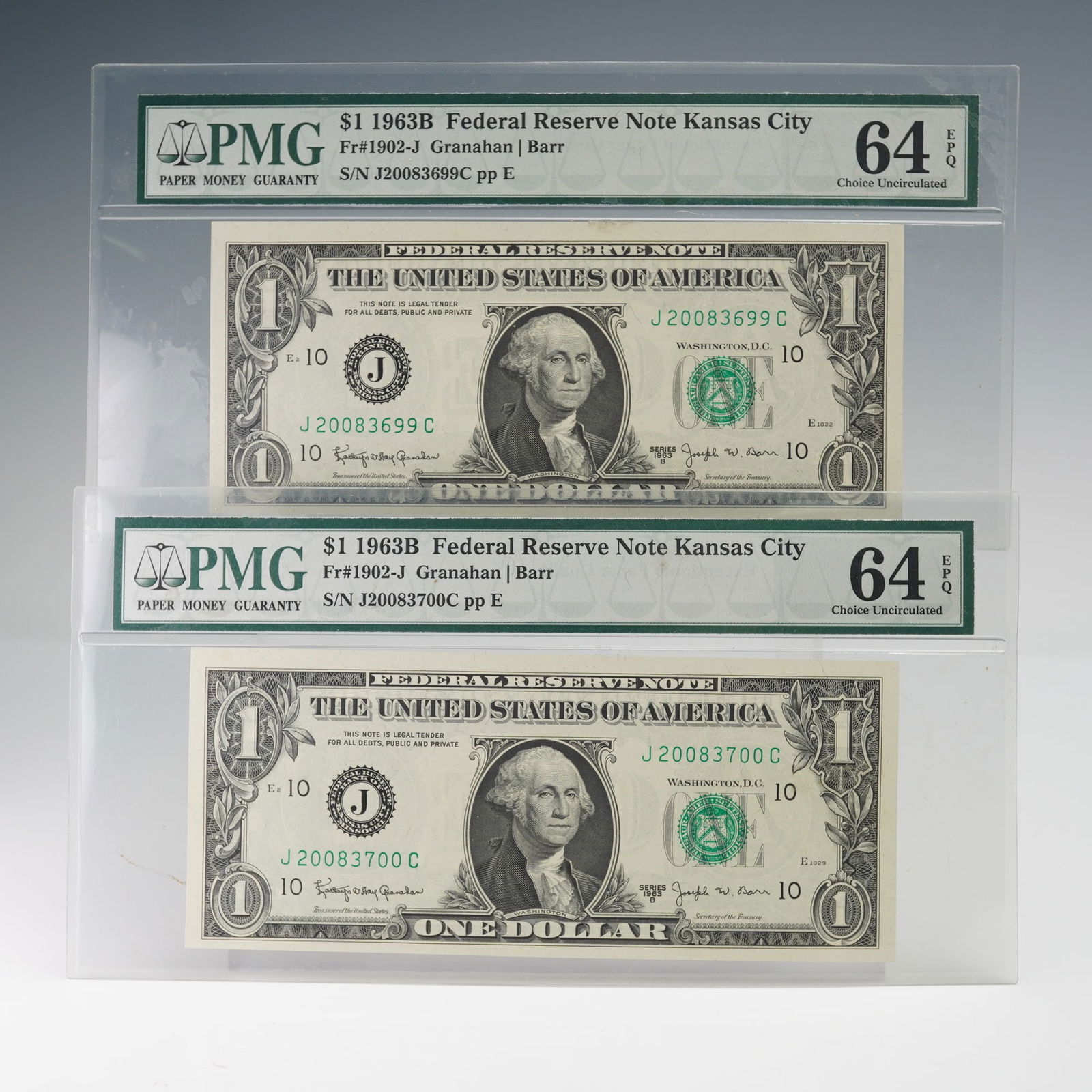 2pc 1963B U.S. Federal Reserve One Dollar Kansas City Notes, Fr1902-J (1 of 8)
