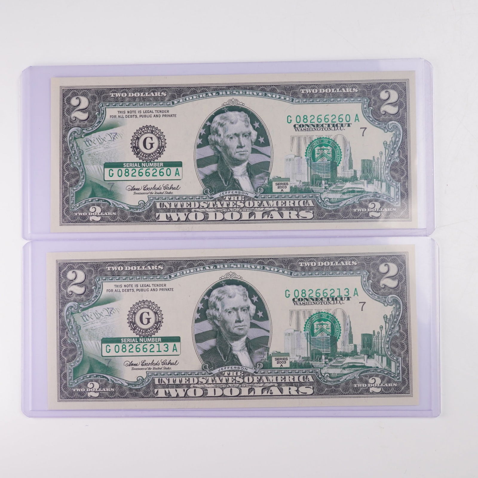 2pc 2003 United States Aftermarket Colorized $2 Federal Reserve Notes (1 of 4)