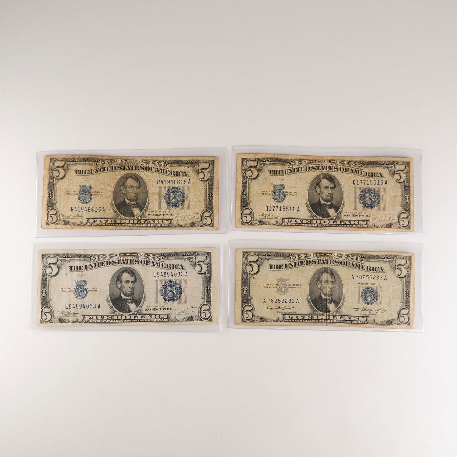 4pc 1934C, 1934D, and 1953 United States $5 Silver Certificates (1 of 2)