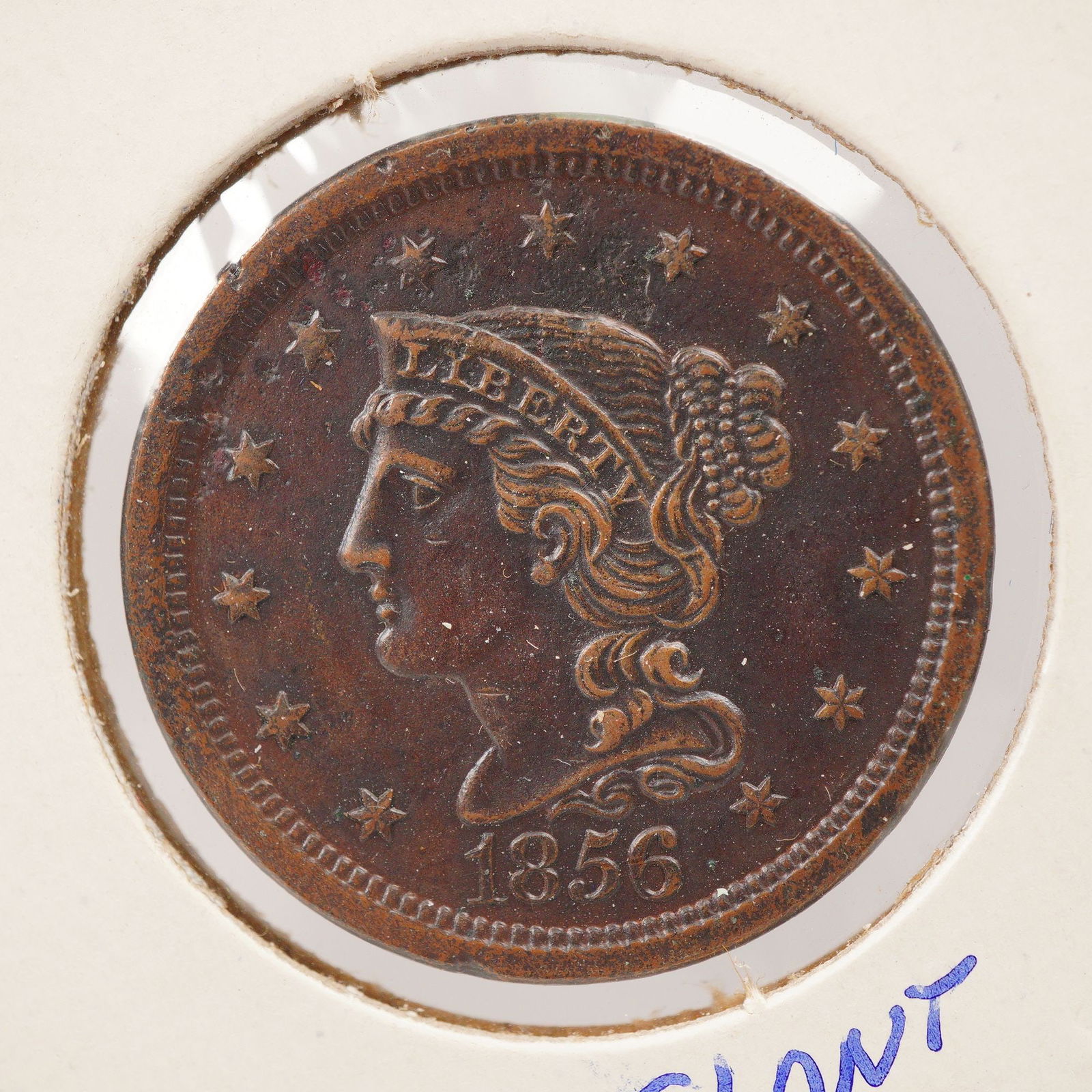 1856 U.S. Braided Hair Large One Cent - Slanted 5 Coin: An 1856 United States Braided Hair Large Cent, the desirable Slanted 5 date variety, struck in nearly pure copper with its characteristic rich brown patina. The obverse features Liberty facing left we