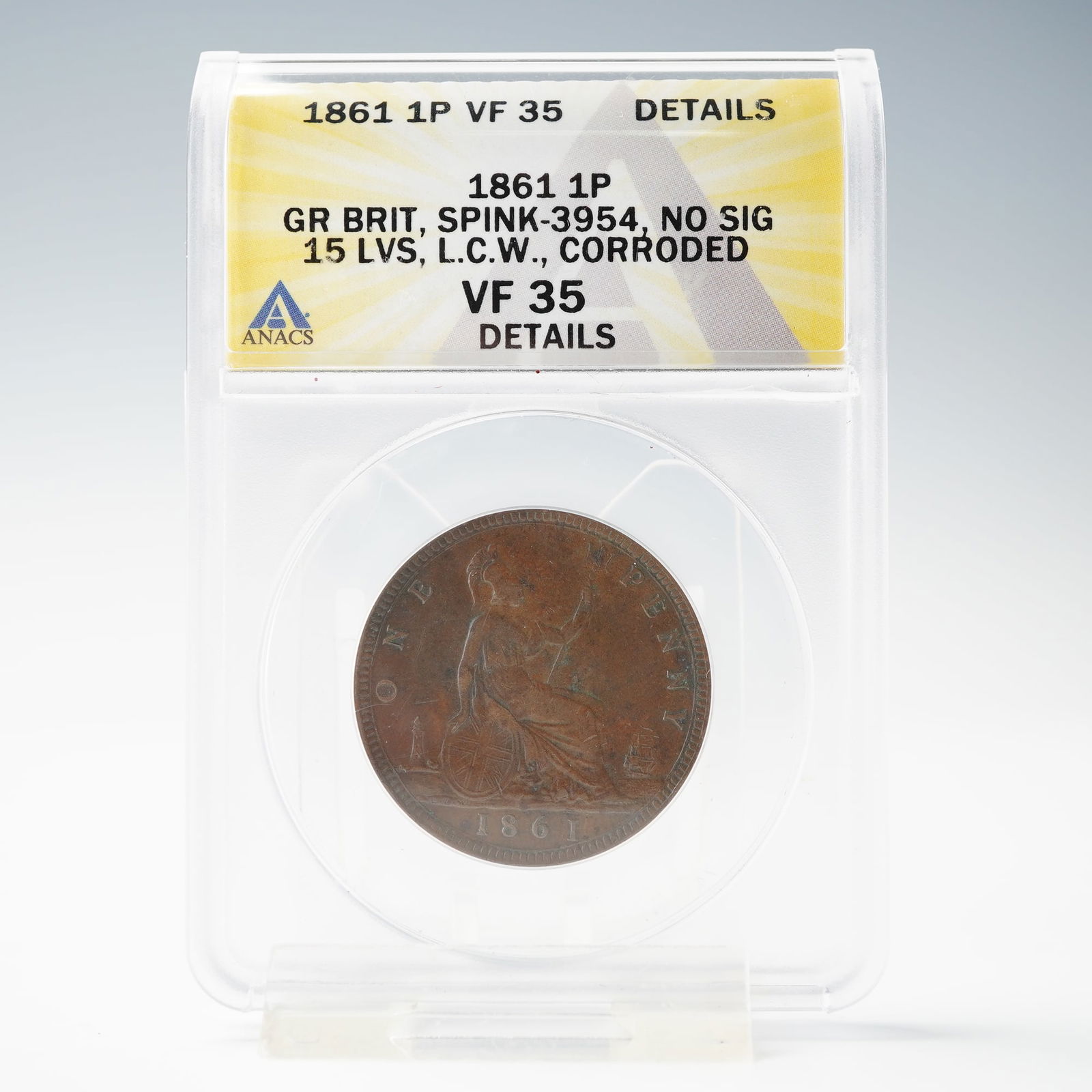 1861 Victoria 1 Penny Coin, ANACS Graded VF-35: The piece is composed of bronze, as issued for the denomination, with no additional metal content or purity markings provided by the mint. The obverse features the left-facing portrait of Victoria wit