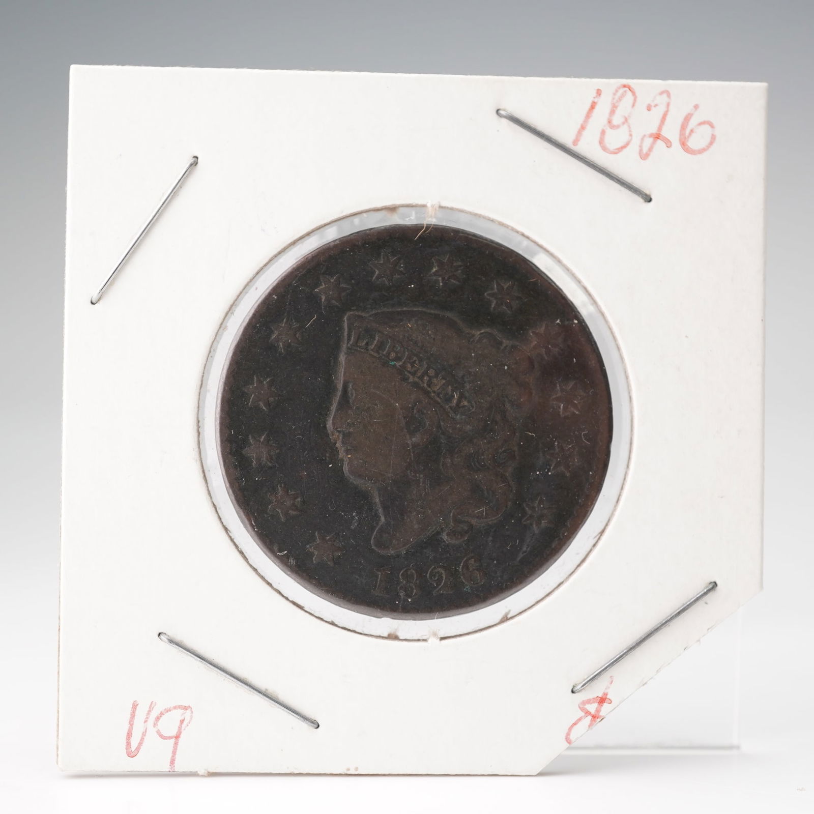 1826 Liberty Head Large Cent: An early 19th century U.S. copper large cent featuring the Liberty Head or Matron Head design. The obverse depicts Liberty facing left, surrounded by 13 stars representing the original colonies, with