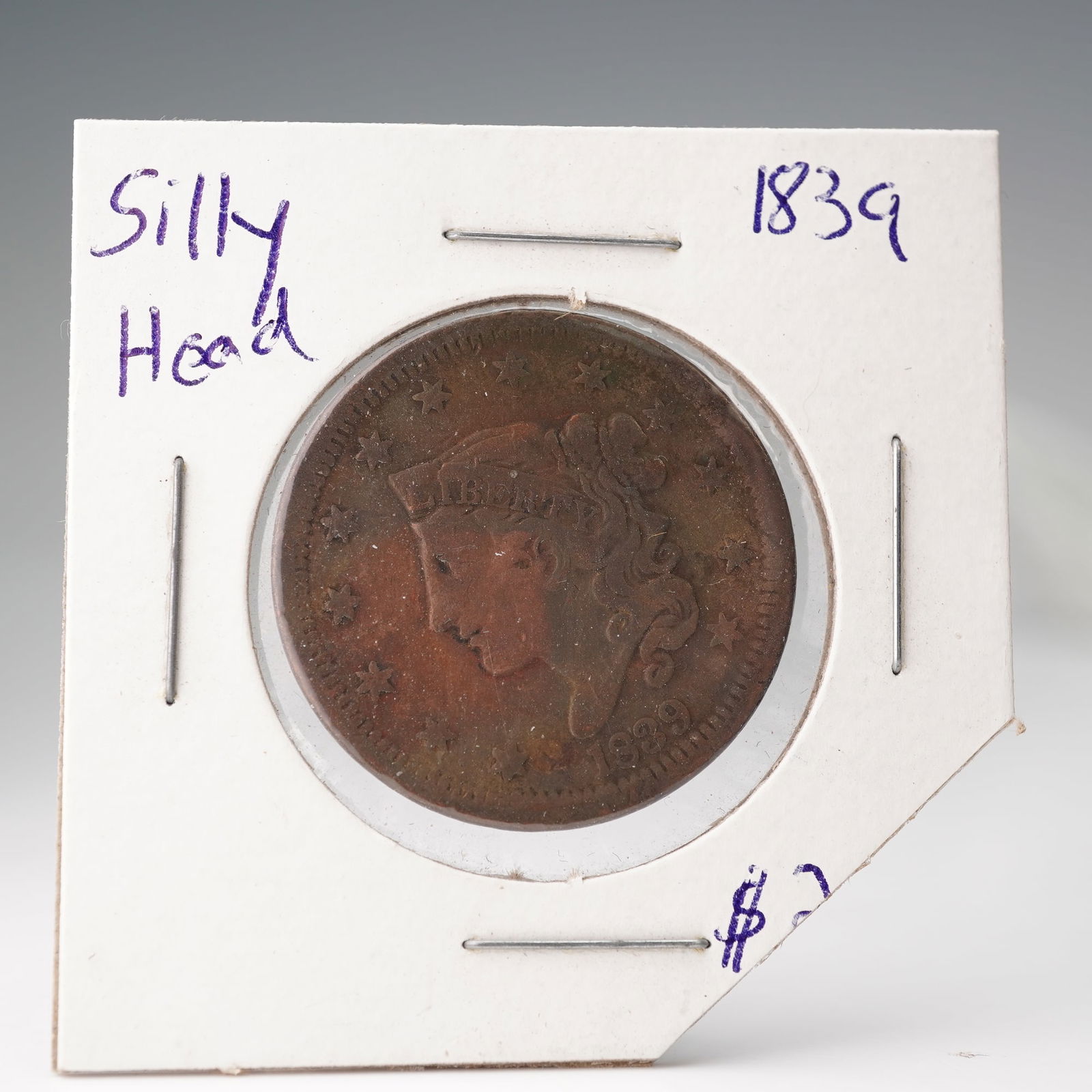 1839-(P) Liberty Head Type 2 Young Head 1 Cent Coin: This 1839 Liberty Head Large Cent, commonly referred to as the "Silly Head" variety, features the portrait of Liberty facing left with flowing hair tied in a bun, wearing a coronet inscribed with LIBE