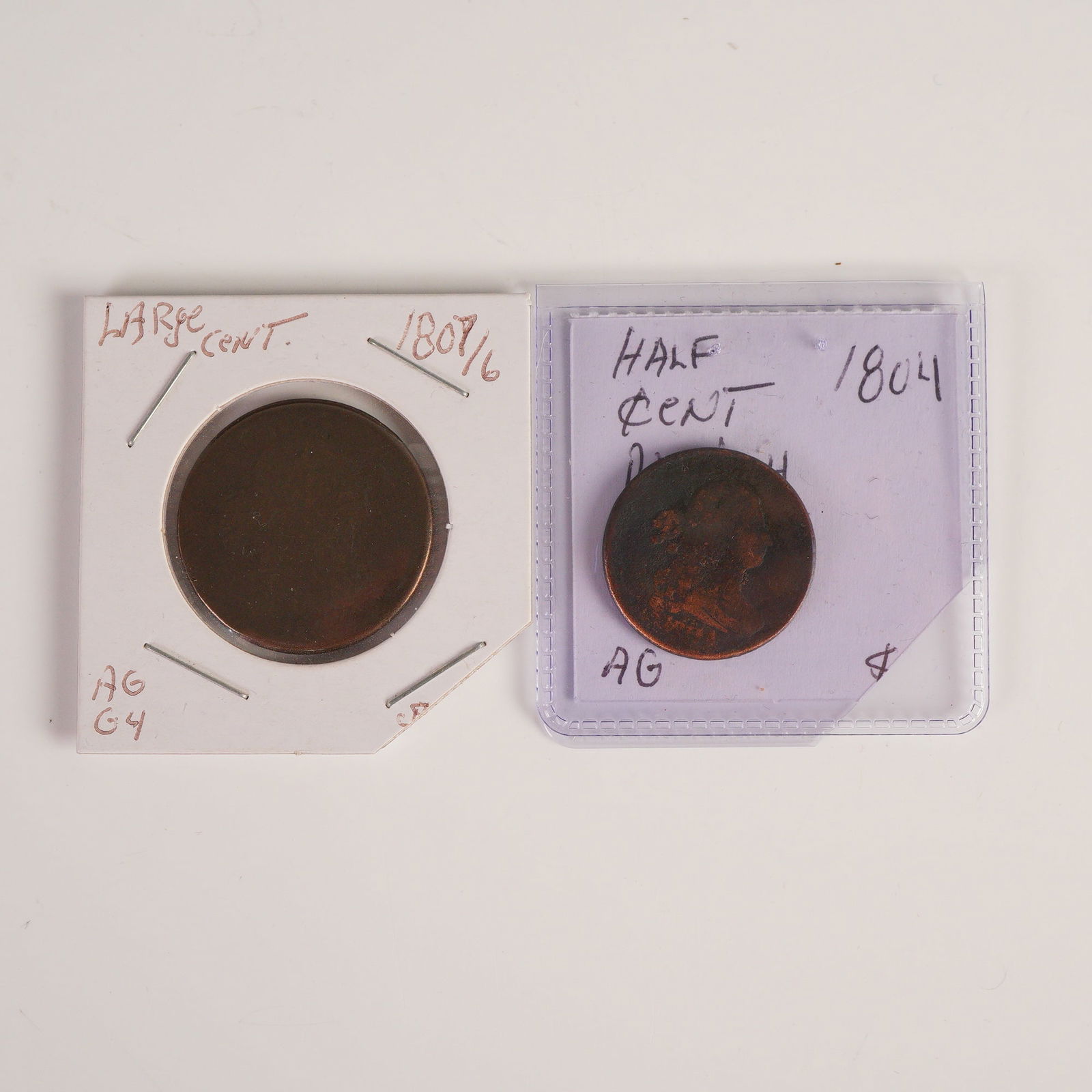 2pc 1804 to 1807 Draped Bust Half Cent Coins: Solid copper with a standard half-cent weight of about 5.44 grams. The 1804 Draped Bust half cent features the classical portrait of Liberty on the obverse with the inscriptions LIBERTY and the date,