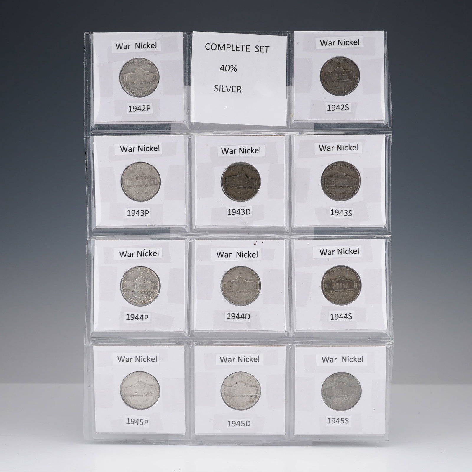 1942 - 1945 Jefferson War Nickels Complete Set: 11-coin set of Jefferson War Nickels includes every date and mintmark issued from 1942 through 1945, each containing the wartime composition of 35% silver. The set includes 1942-P, 1942-S, 1943-P, 194