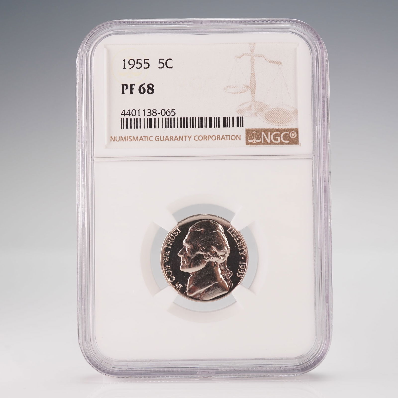 A 1955 United States Jefferson Nickel, NGC Certified PF 68: A United States Jefferson Nickel, dated 1955, encapsulated within a clear, professionally sealed plastic numismatic slab. The slab's label identifies the coin as 1955 5C and indicates a grade of PF 68