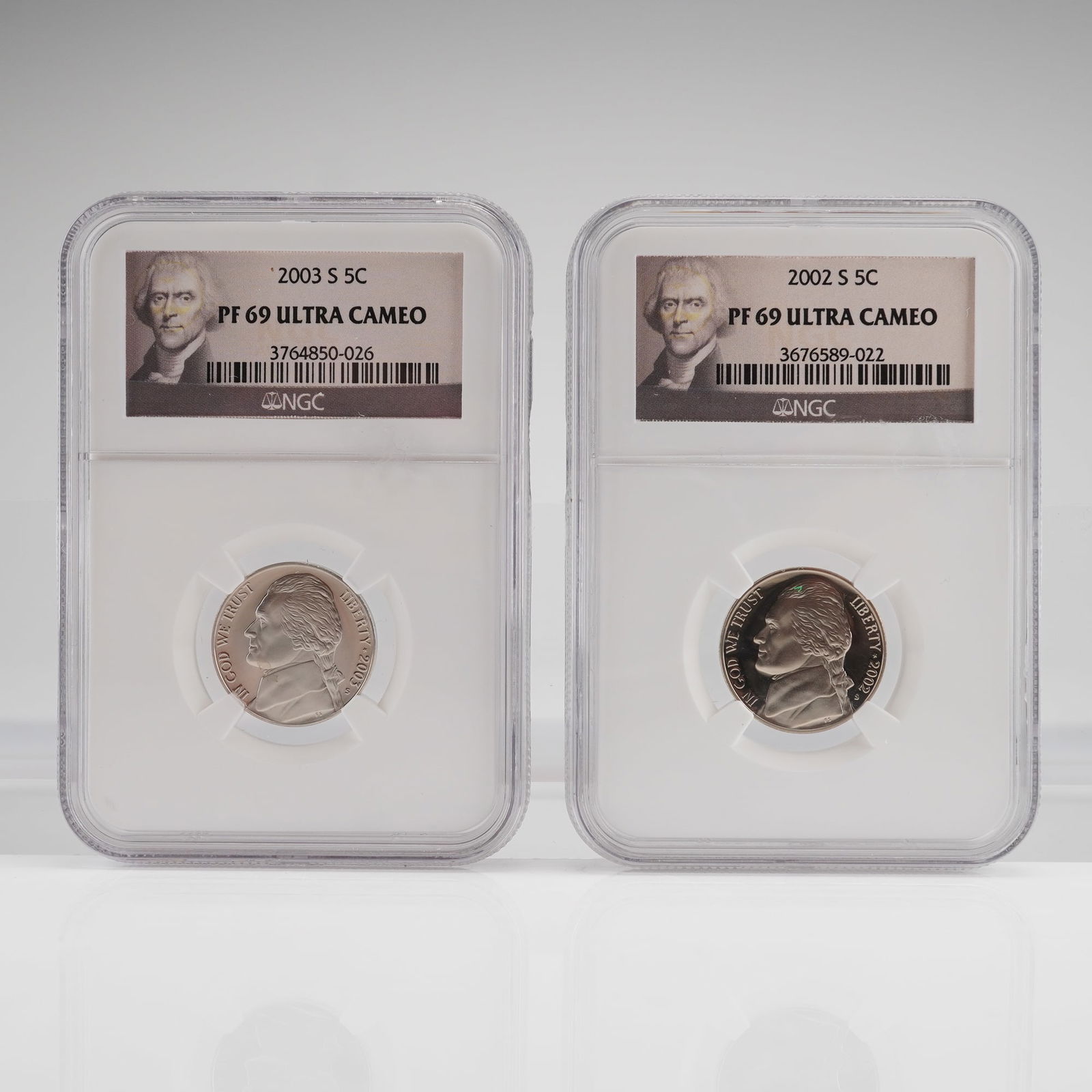 A Pair of 2002-S and 2003-S Jefferson Nickels NGC PF 69 Ultra Cameo: A pair of two modern United States Proof Jefferson Nickels (5C) struck at the San Francisco mint. The collection consists of one coin dated 2003-S and one coin dated 2002-S. Both coins are composed of