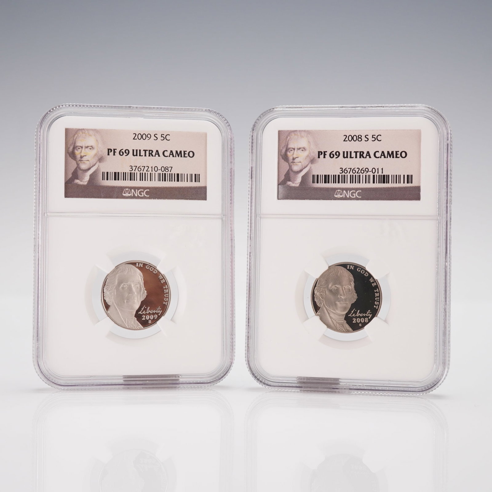 2pc 2008-S to 2009-S Jefferson Nickel Ultra Cameo Coins NGC Graded PF-69: Both pieces are struck at the San Francisco Mint (S) and composed of the standard U.S. five-cent copper-nickel alloy. Each proof displays the portrait of Thomas Jefferson on the obverse with the inscr