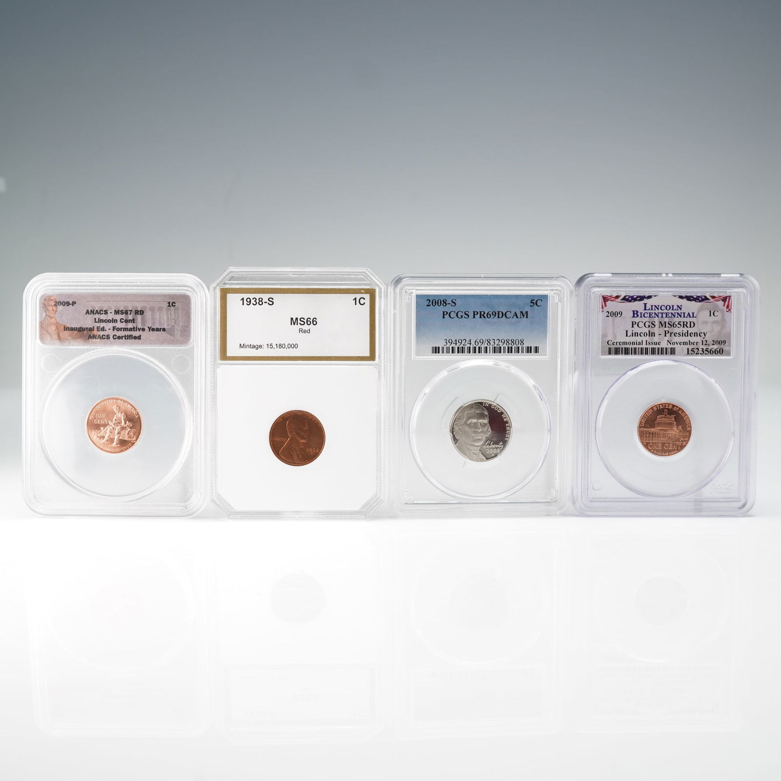 4pc 1938-S to 2009 Graded Lincon Pennies & 2008-S Graded Jefferson Nickel: This group includes four U.S. coins encapsulated by professional grading services. The first is a 1938-S Lincoln Wheat Cent, graded MS66 Red by PCI, struck at the San Francisco Mint and composed prima