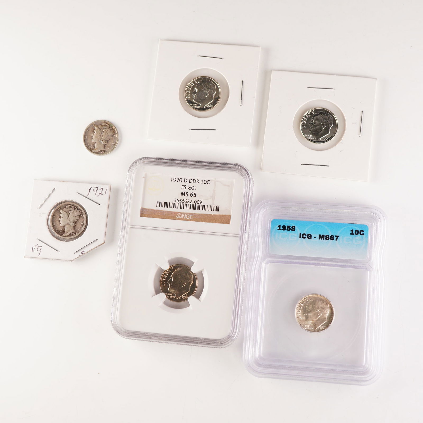 6pc 1921, 1930, 1958, 1960, 1964, 1970-D Mercury and Roosevelt Dimes (1 of 2)