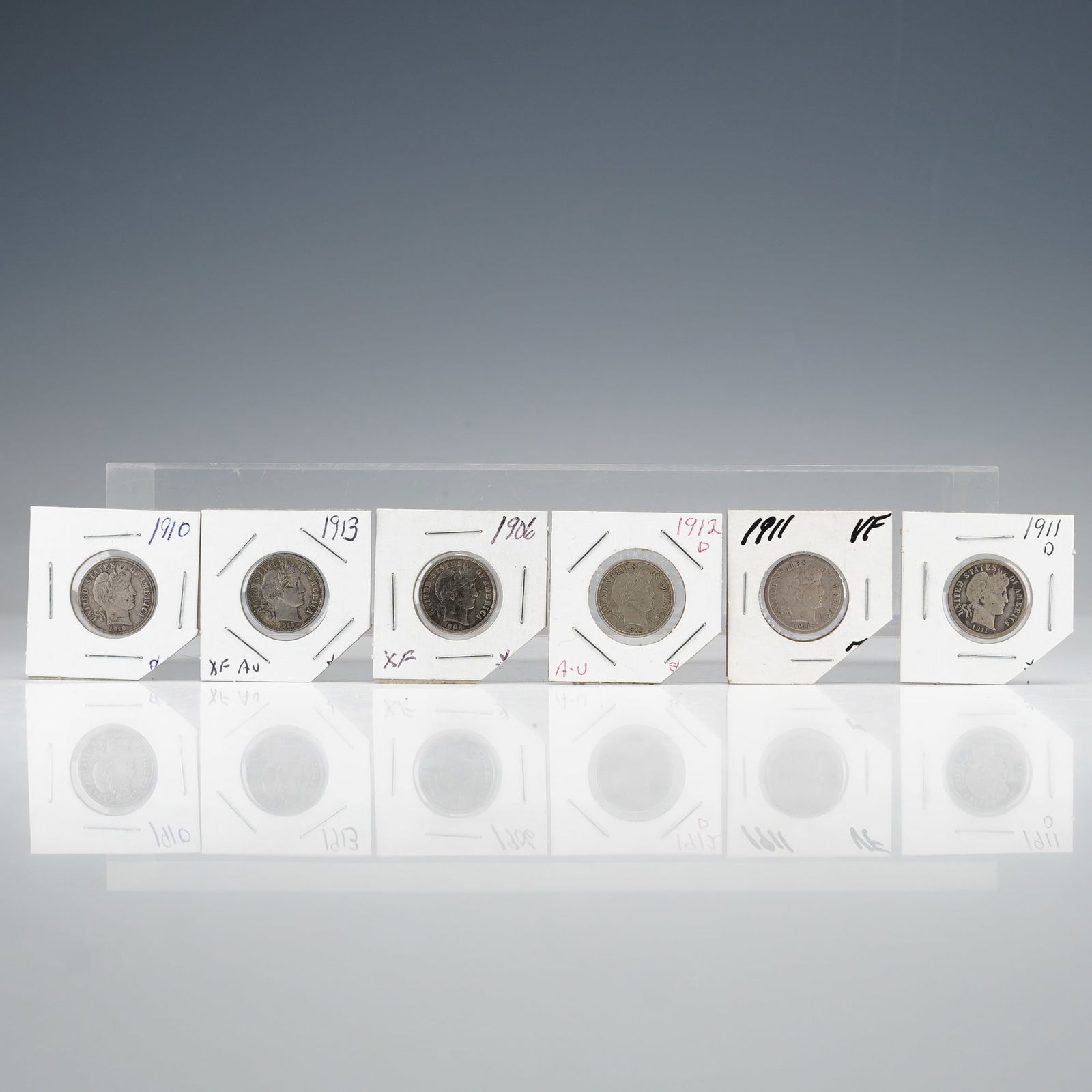 6pc US Barber Dimes, 1906, 1910, two 1911, 1912, and 1913 (1 of 4)