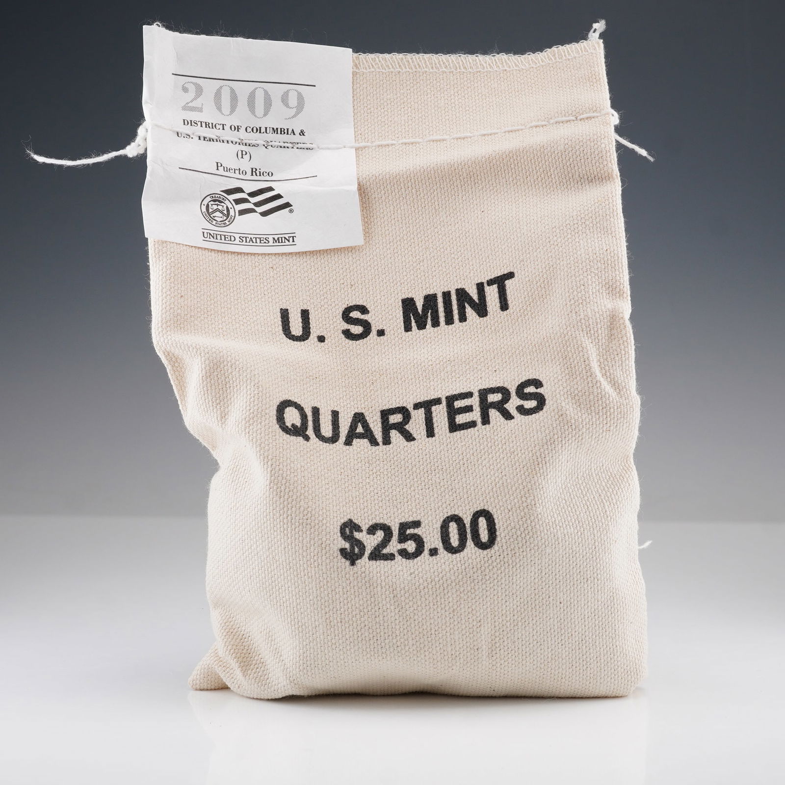 2009-P District of Columbia & U.S. Territories Puerto Rico Quarters $25 Bag: Original 2009 U.S. Mint sealed bag containing $25 in uncirculated Puerto Rico quarters from the Philadelphia Mint. Issued as part of the District of Columbia and U.S. Territories Quarter Program, this