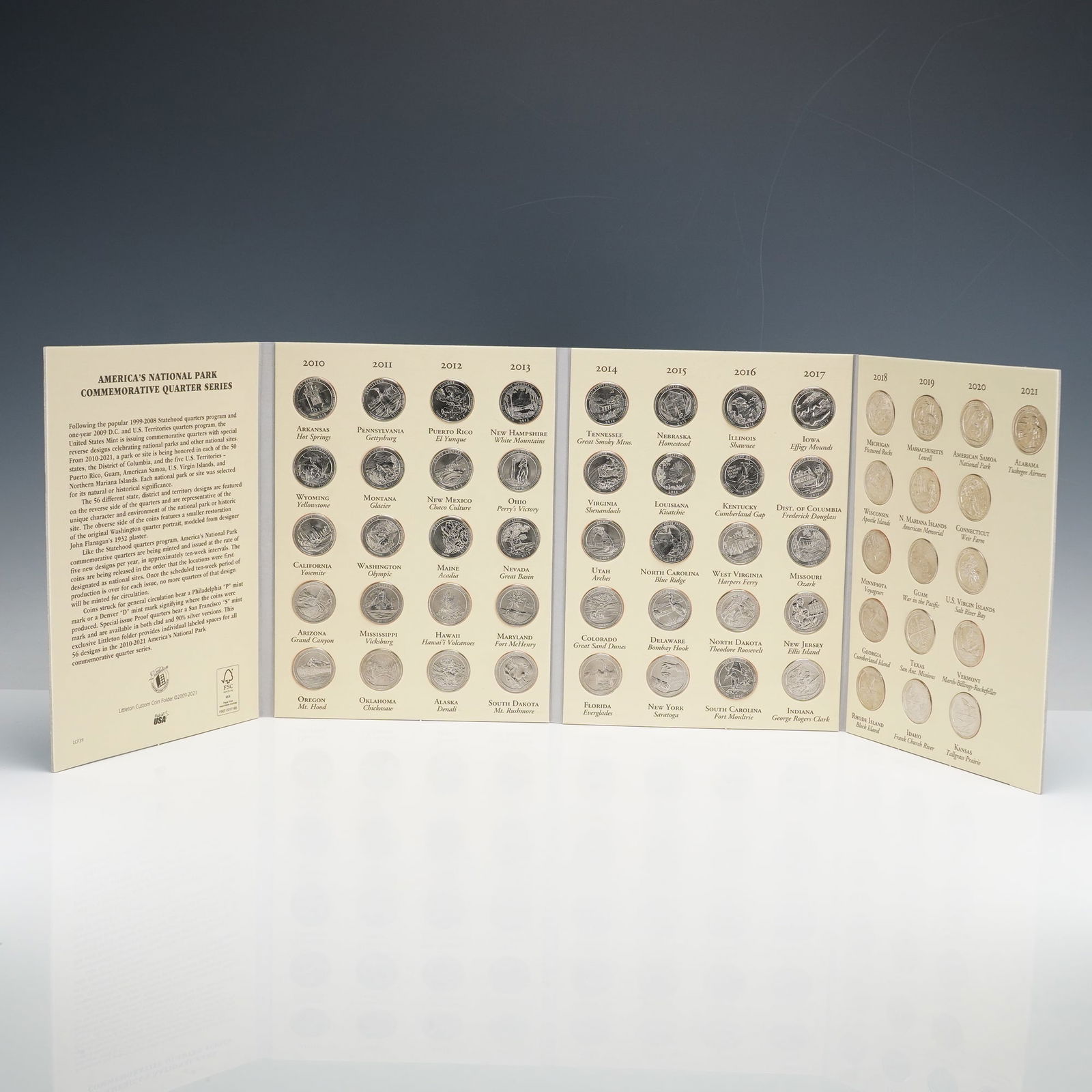 US 2010-2021 America's National Park Commemorative Quarters: A Collection of 56 US Quarter Dollars comprising the complete America the Beautiful Commemorative Quarters series spanning 2010 through 2021. The series features five unique reverse designs annually (
