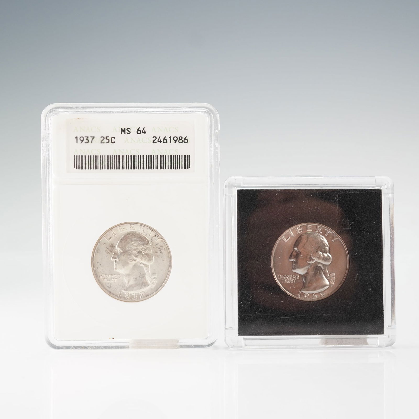 2pc 1937 ANACS Washington Silver Quarter & 1966 Washington Silver Quarter (1 of 2)