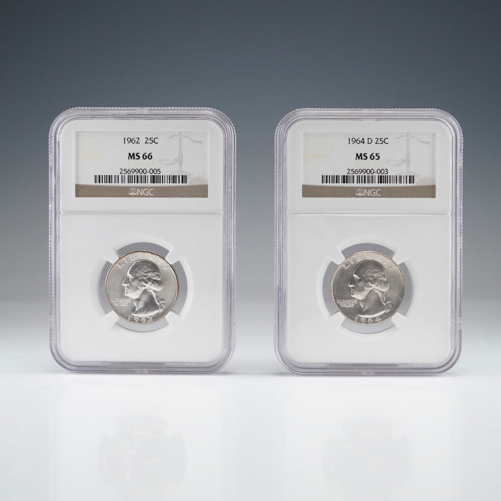 2pc 1962 and 1964-D Washington Silver Quarters NGC Graded MS 66 and MS 65: This group features two silver Washington quarters, both certified by NGC. Included are a 1962 quarter graded MS 66 and a 1964-D quarter graded MS 65. Each coin displays the classic John Flanagan desi