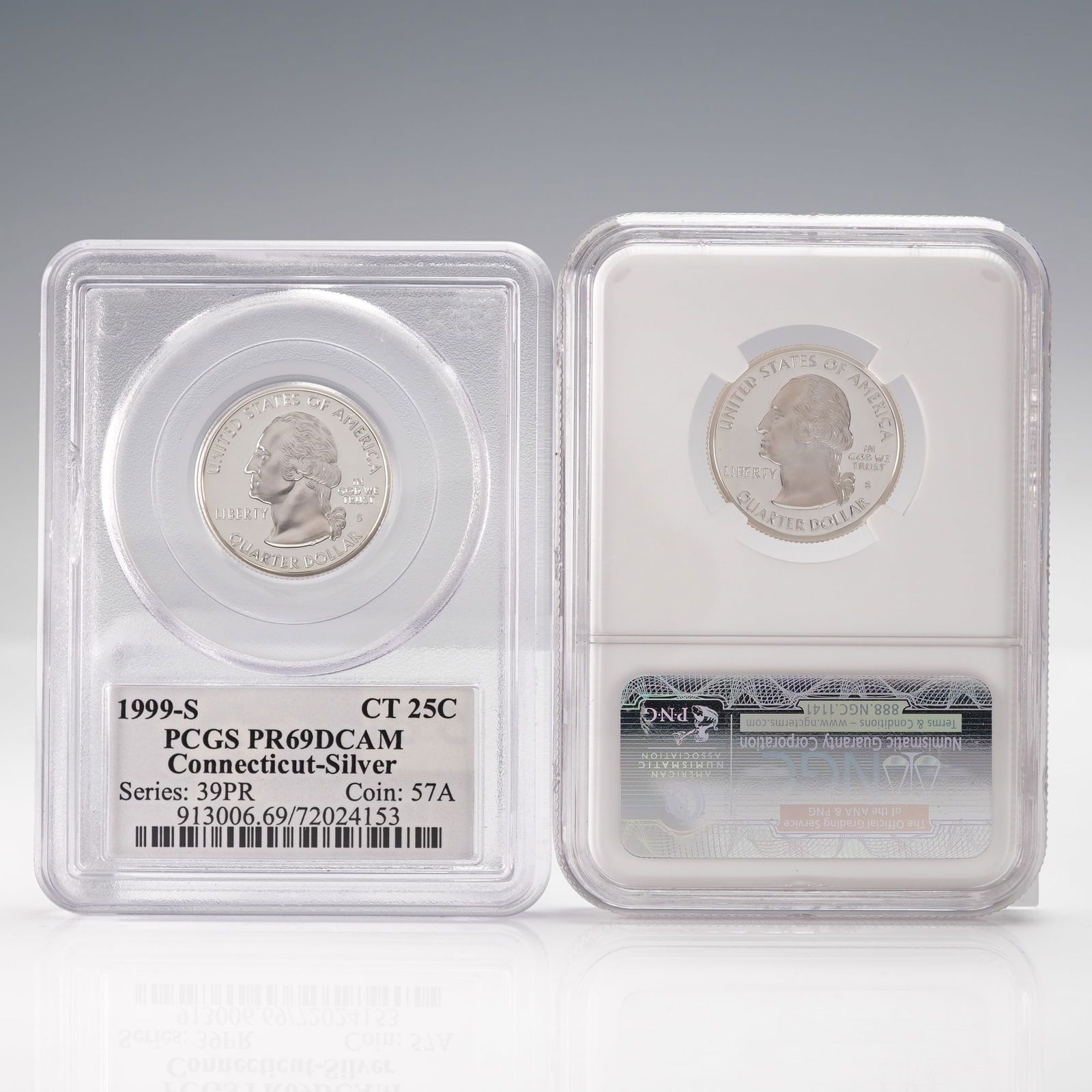 2pc US 1999-S 25C Silver Connecticut Quarter Coins, PR69DCAM/UCAM: A Pair of 2pc 1999-S Silver 25C Connecticut State Quarters. Both coins are graded and slabbed by major third-party services NGC and PCGS. Mint Mark: S (San Francisco). Design Type: Washington / Charte