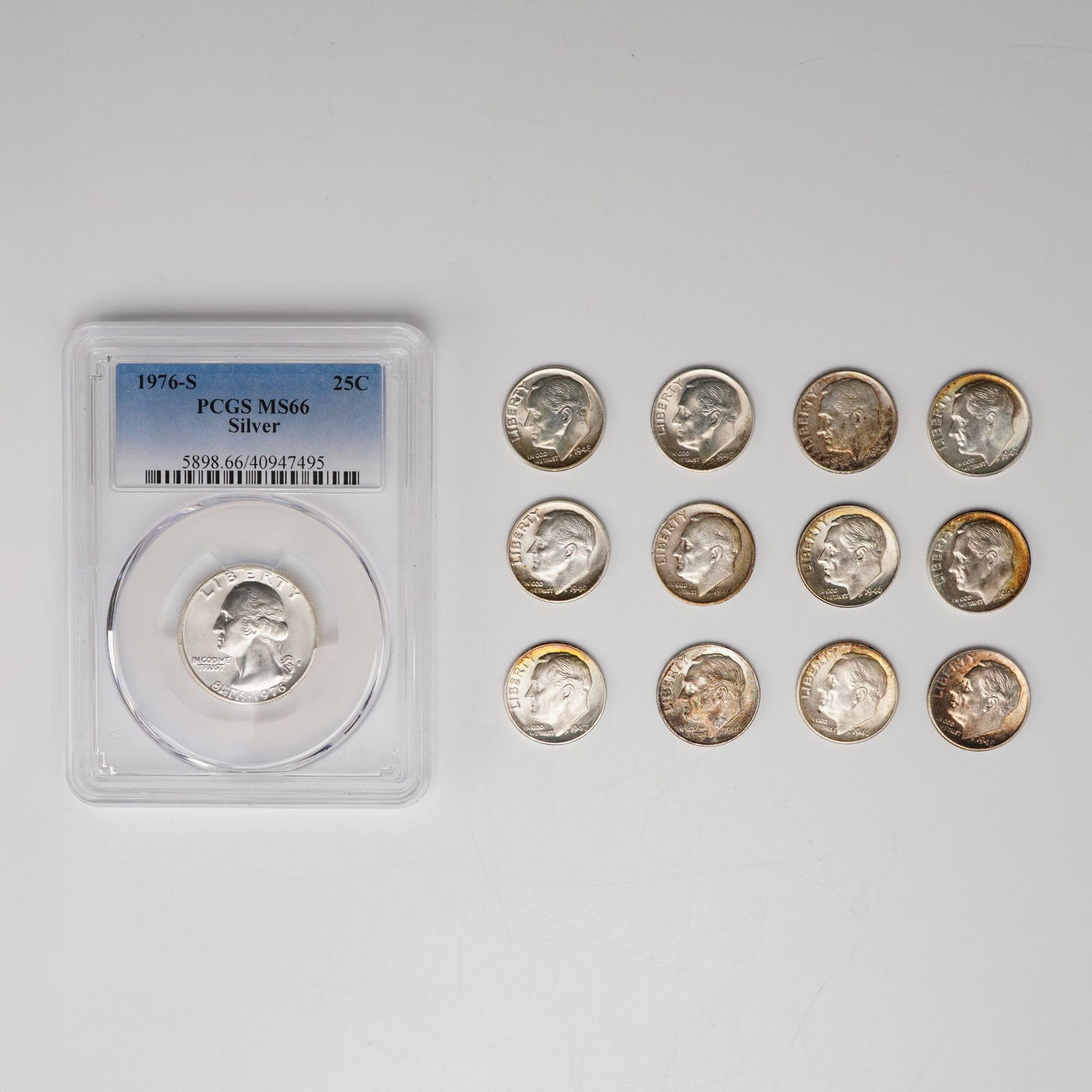 13pc 1946-1948, 1952, 1961, 1976-S U.S. Roosevelt Dimes & Quarter PCGS MS66 (1 of 5)