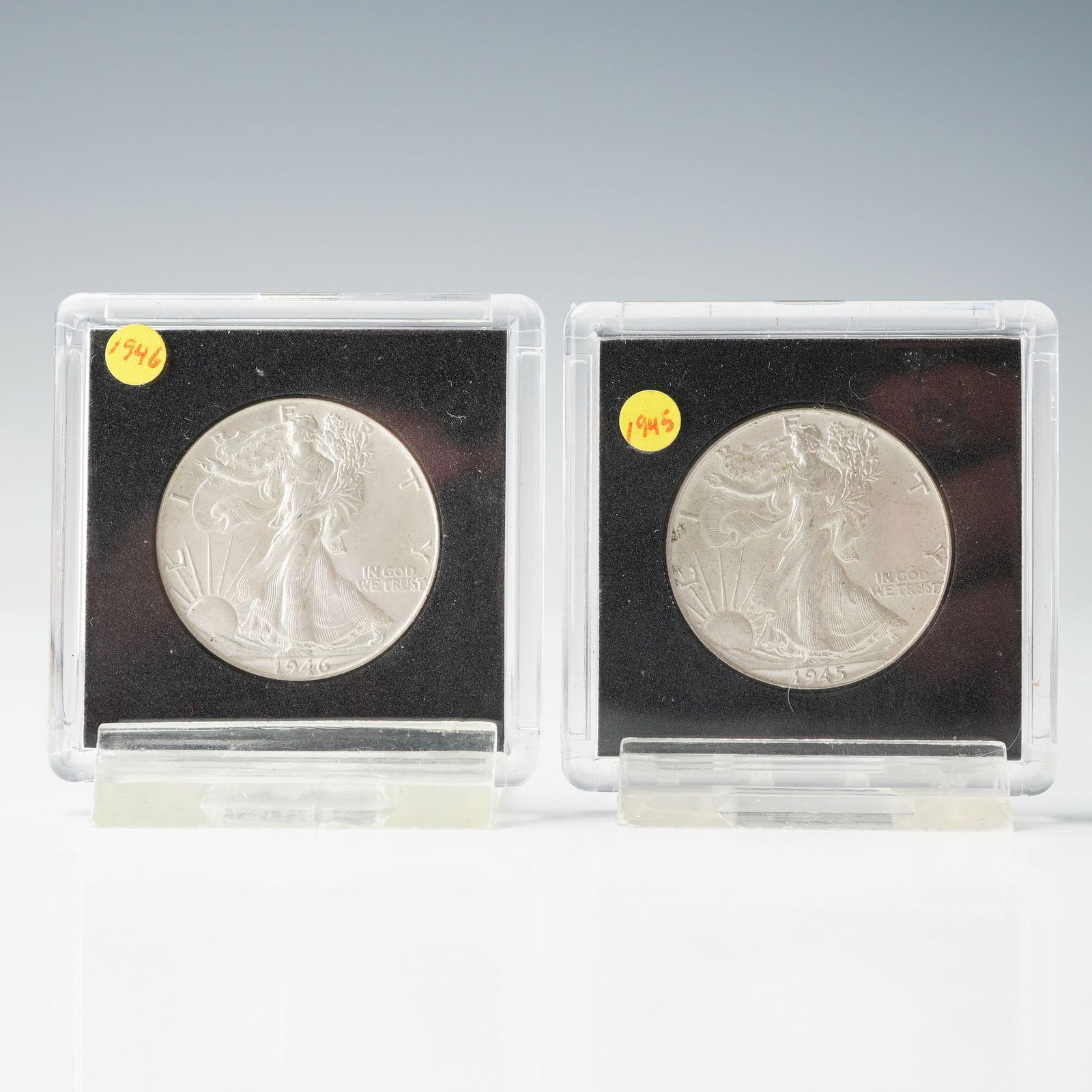 2pc 1945 to 1946 Walking Liberty Silver Half Dollars: Containing .3617 troy ounces of .900 fine silver. The obverse design depicts Liberty striding toward the rising sun with the inscriptions LIBERTY and IN GOD WE TRUST, while the reverse features an eag