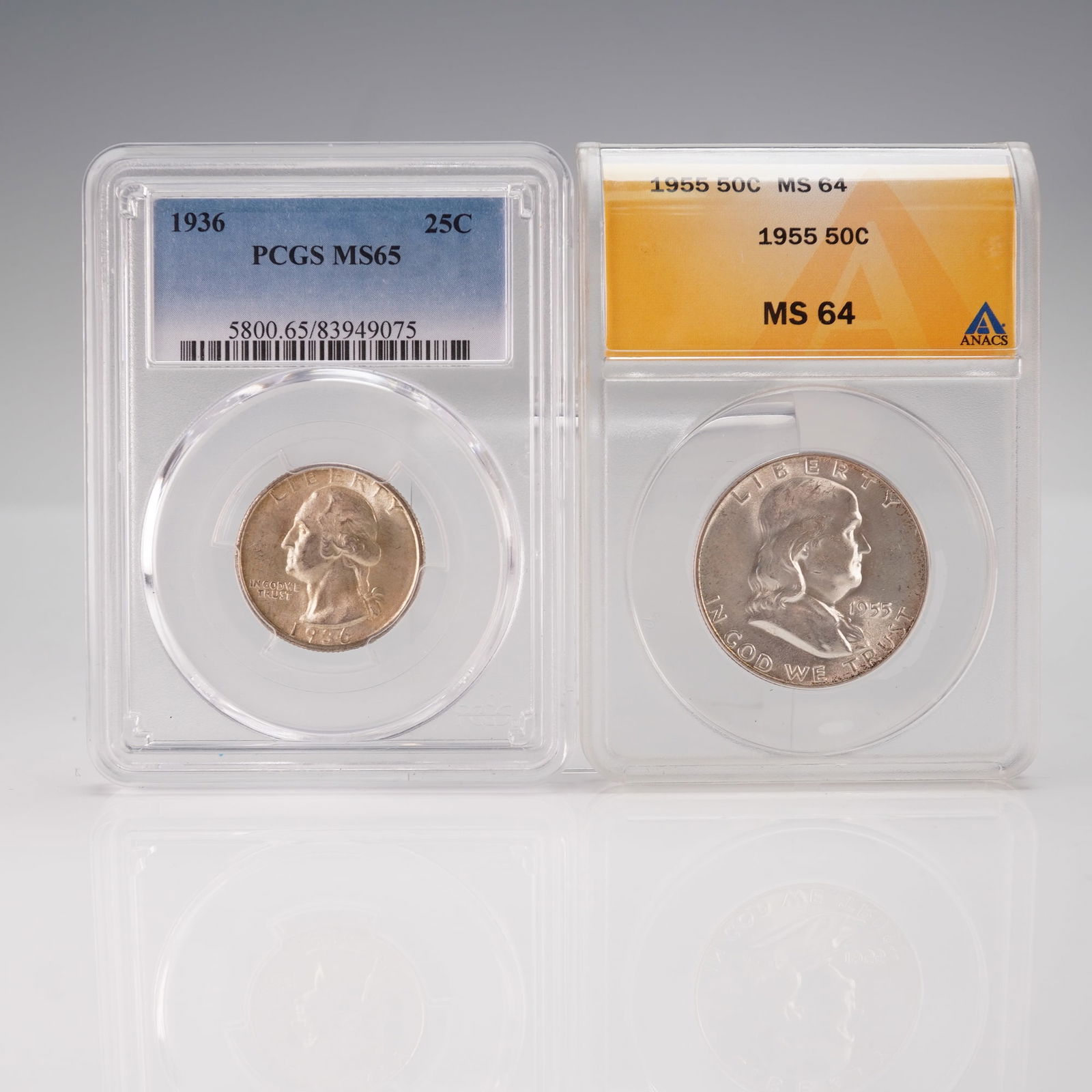 2pc USA Silver Coins: 1936 Quarter MS65 & 1955 Half Dollar MS64 (1 of 2)