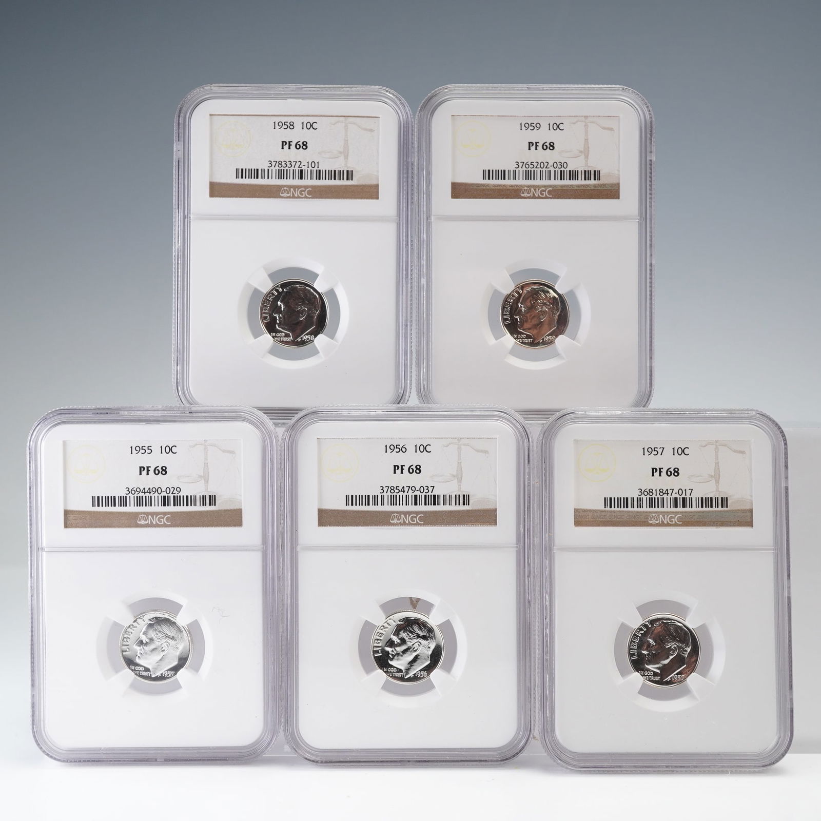 5pc 1955-S to 1959-S Roosevelt 10 Silver Dimes NGC Graded PF- 68 Coins (1 of 4)