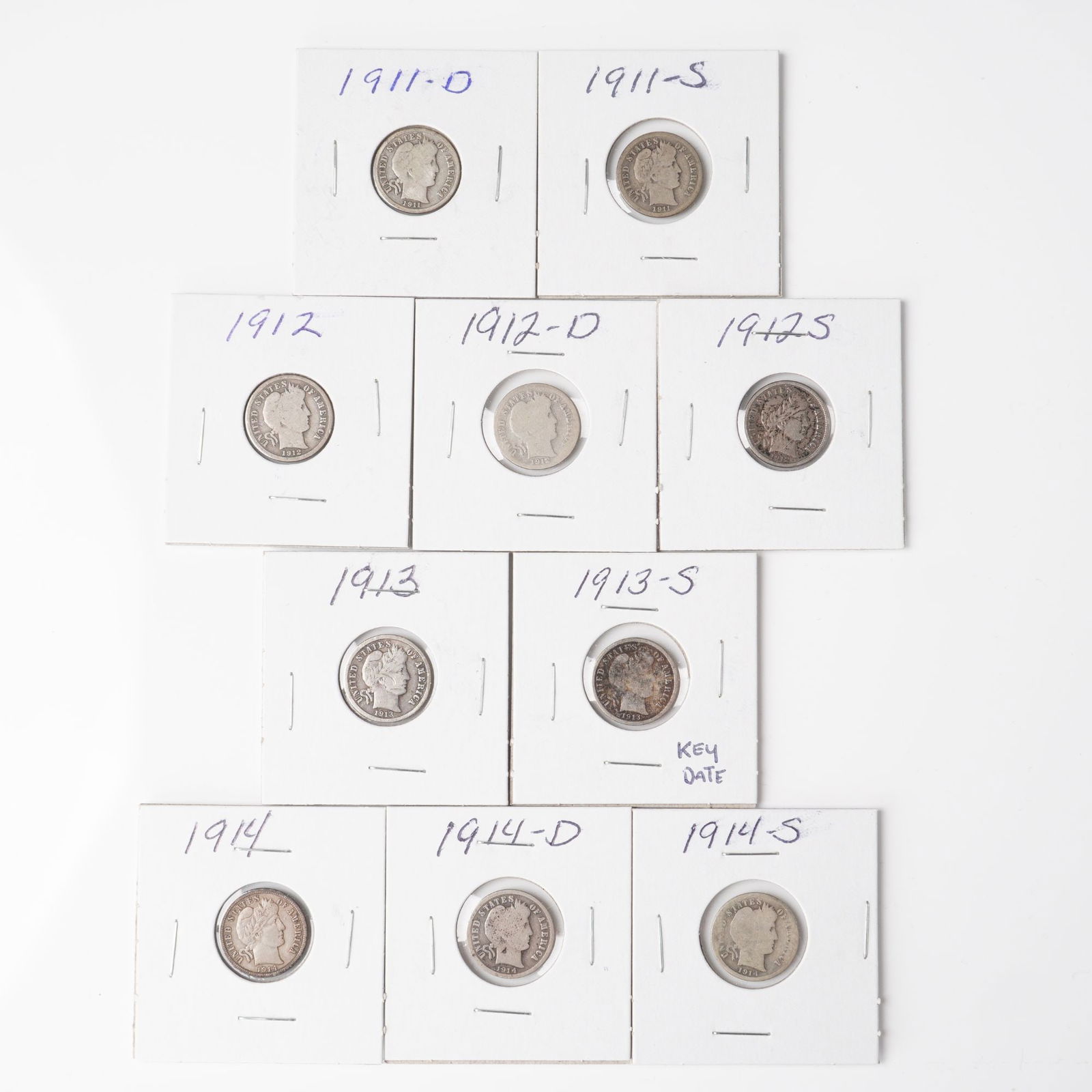 10pc 1911-1914 Barber Silver Dimes: A ten-coin collection of United States Barber silver dimes ranging from 1911 to 1914, including 1911-D, 1911-S, 1912, 1912-D, 1912-S, 1913, 1913-S, 1914, 1914-D, and 1914-S. Designed by Charles E. Bar