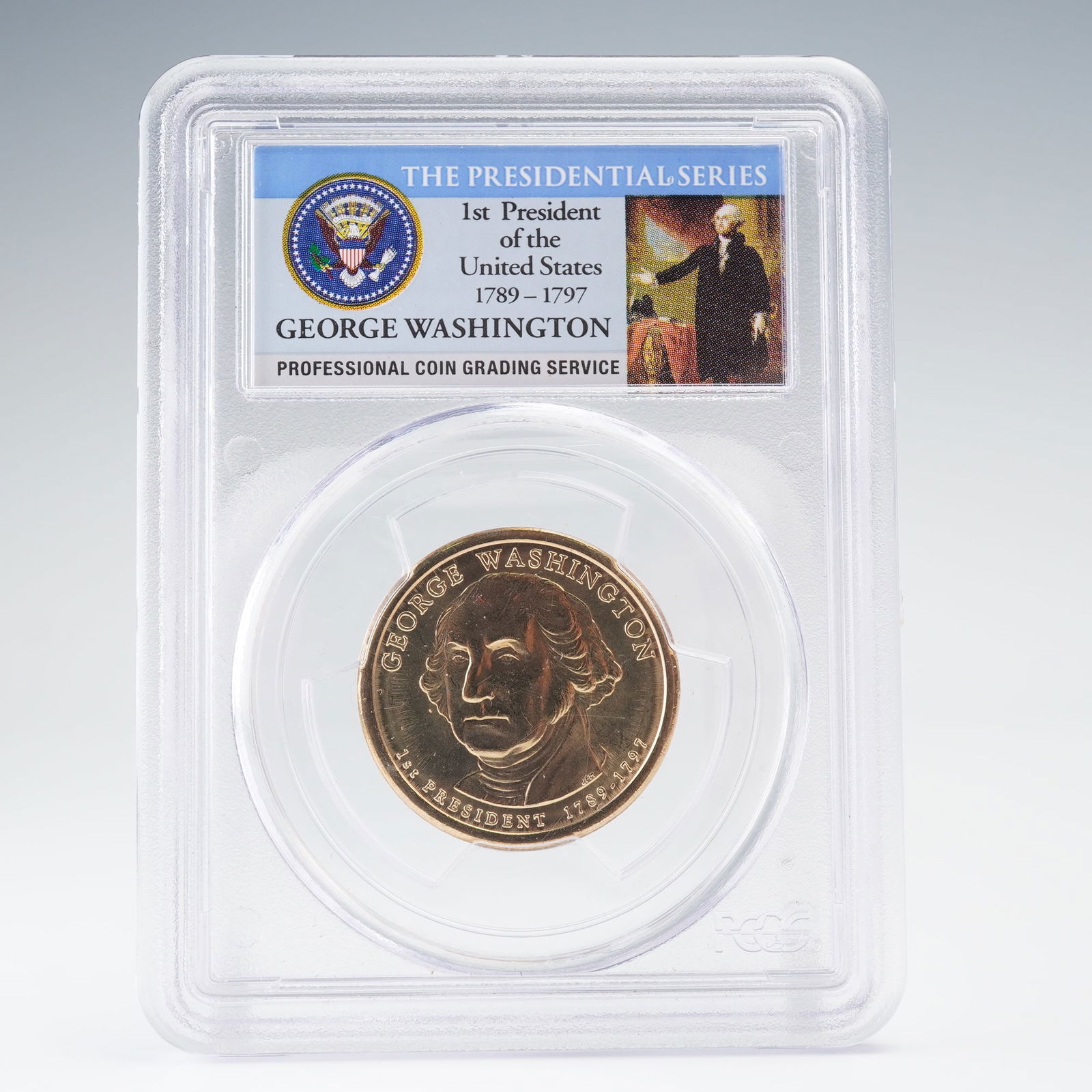 2007-D Geoge Washington First Day of Issue 1 Dollar PCGS Graded MS-65: A United States Presidential Series dollar coin struck at the Denver Mint, composed of a manganese-brass clad alloy. The obverse features a portrait of George Washington with inscriptions GEORGE WASHI