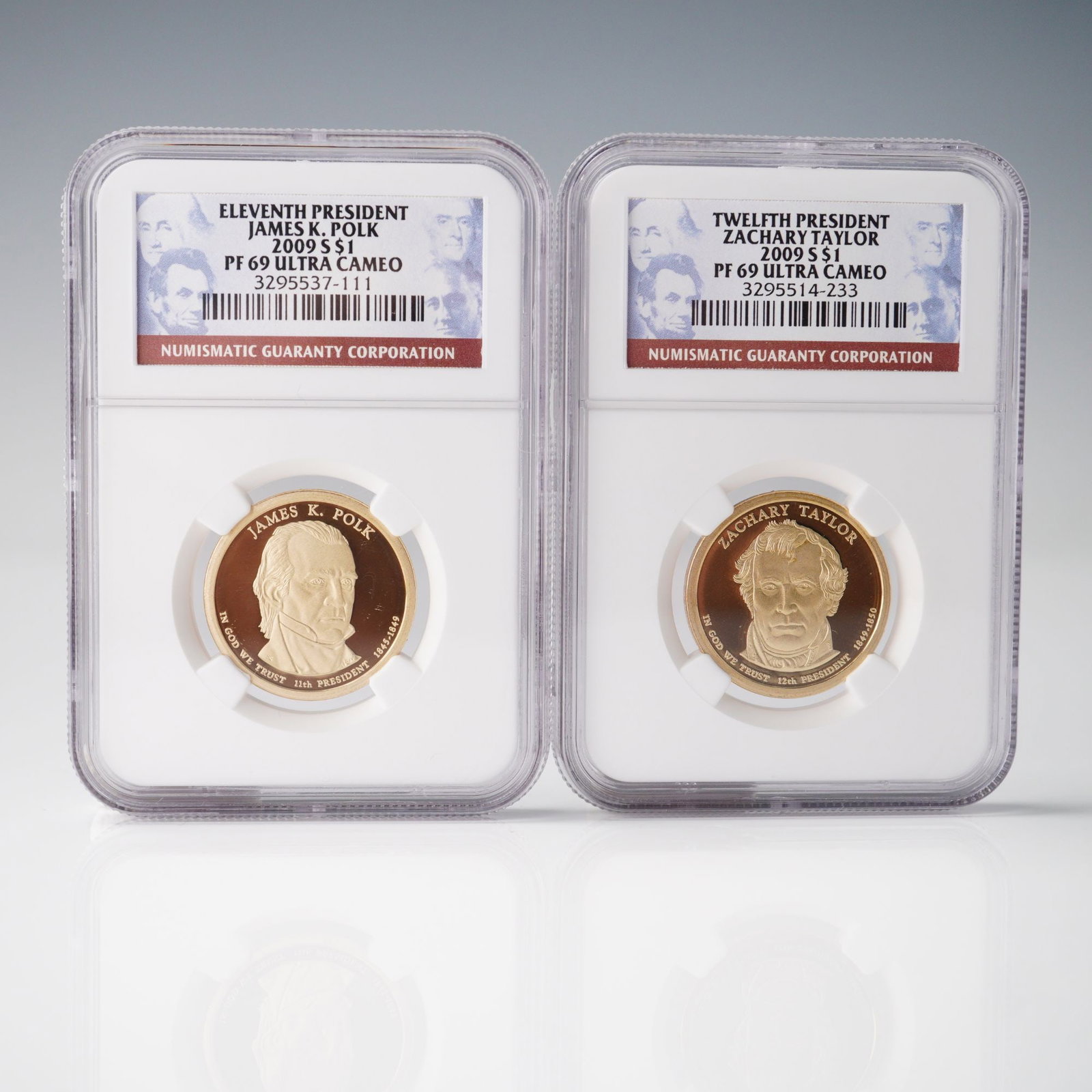 2pc 2009-S US Presidential Dollar Coins Zachary Taylor James K. Polk PF69: This 2-piece set includes the 2009 Zachary Taylor and James K. Polk Presidential $1 Coins, both graded PF69 Ultra Cameo by NGC. The Zachary Taylor coin features his portrait on the obverse with the in